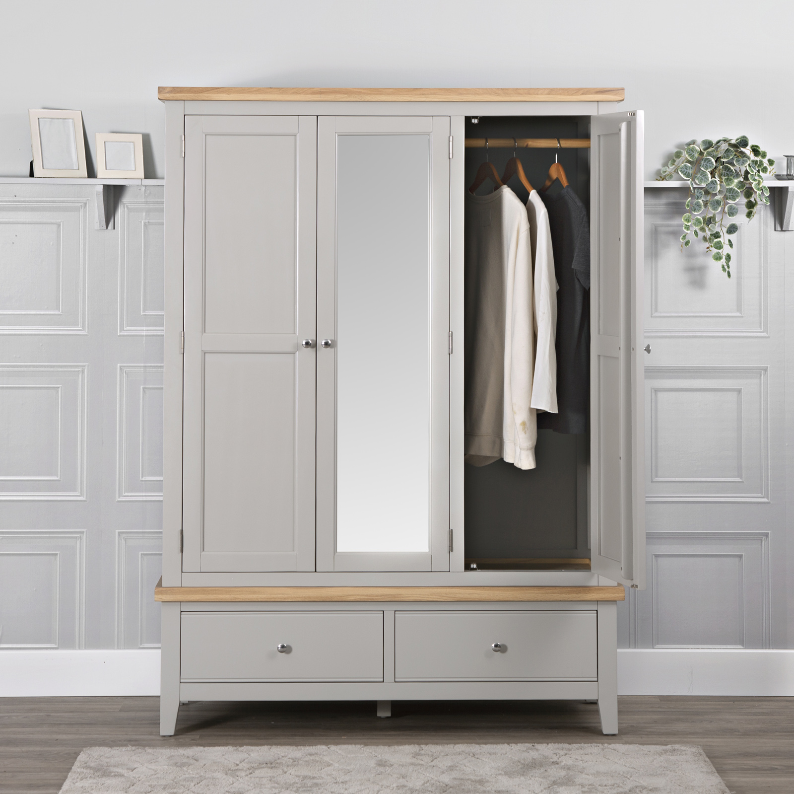 Armoire penderie grise 3 portes 1 miroir PAROS