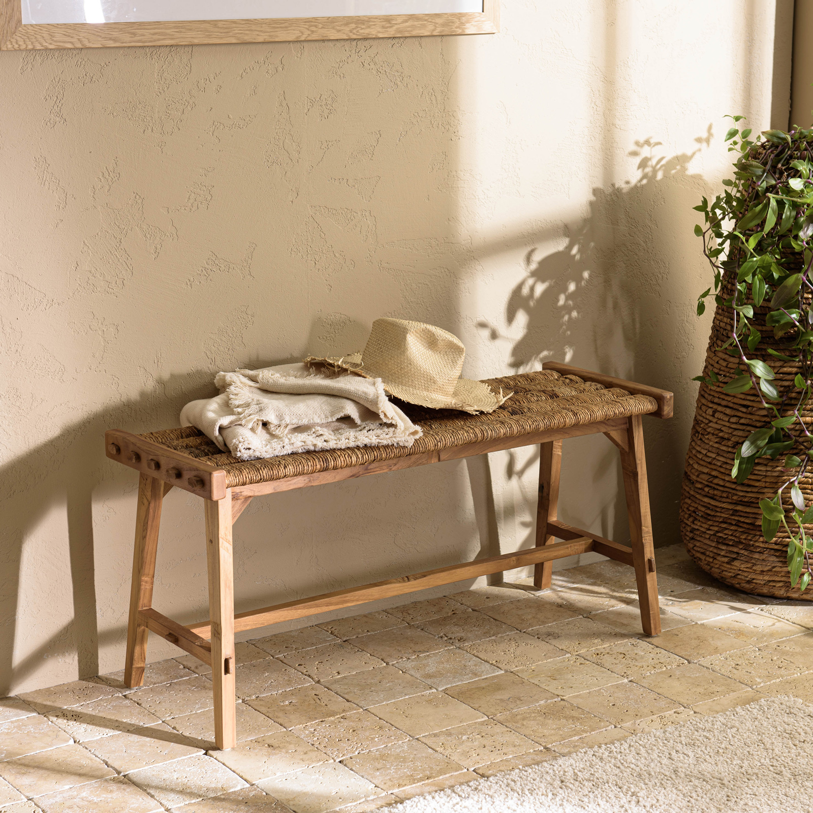Banc 100 cm bois recyclé et chanvre tressé SWING