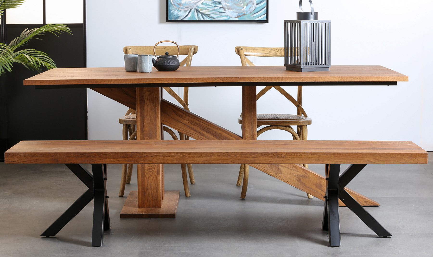 Banc de table chêne massif pieds croisés 220 cm OKA