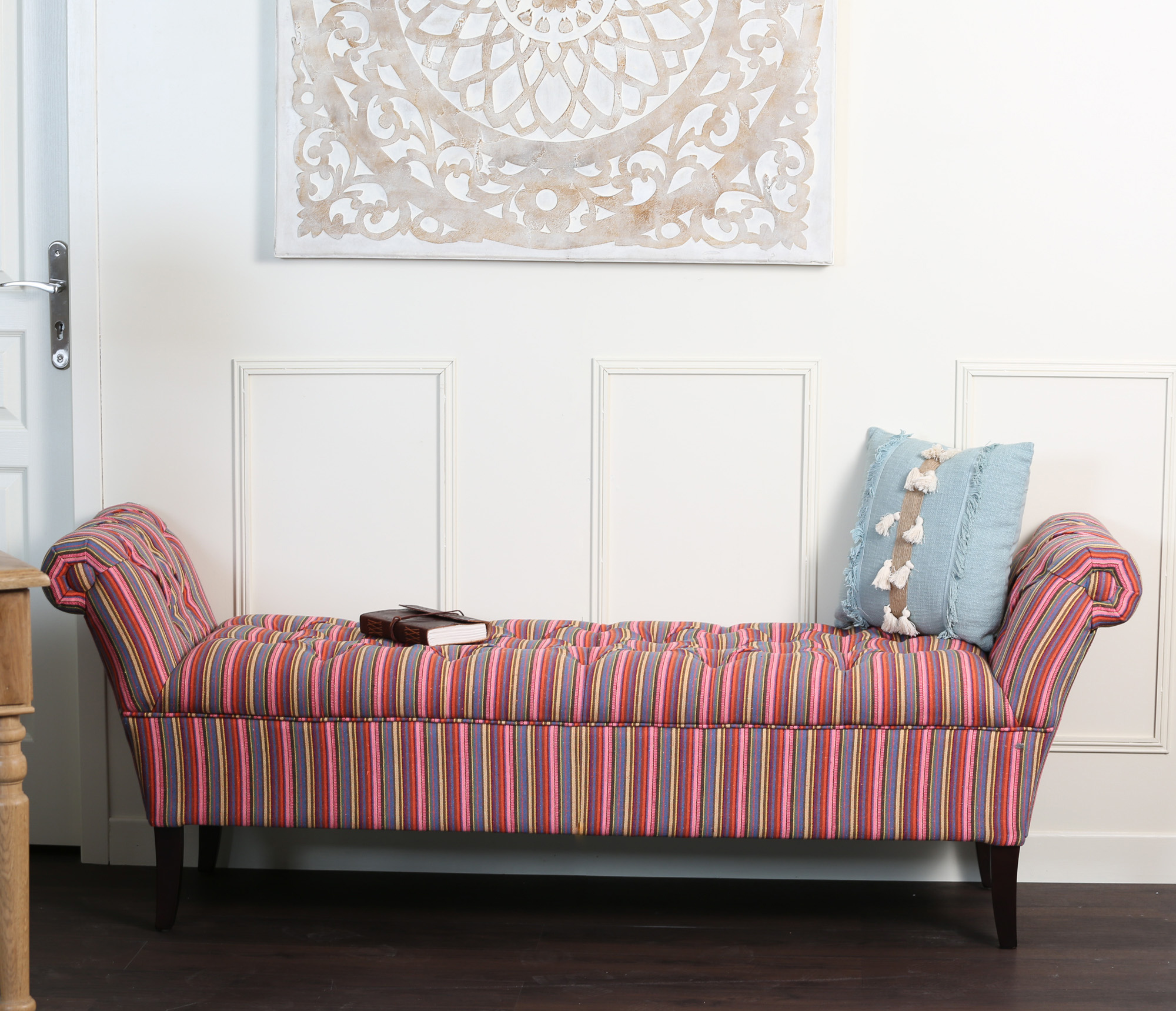 Banc méridienne capitonnée rayures coton BUTTON