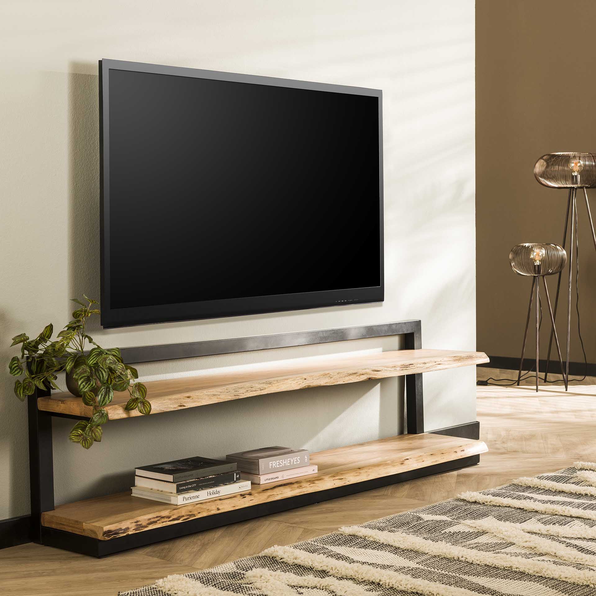 Banc TV en bois et métal 2 plateaux MELBOURNE