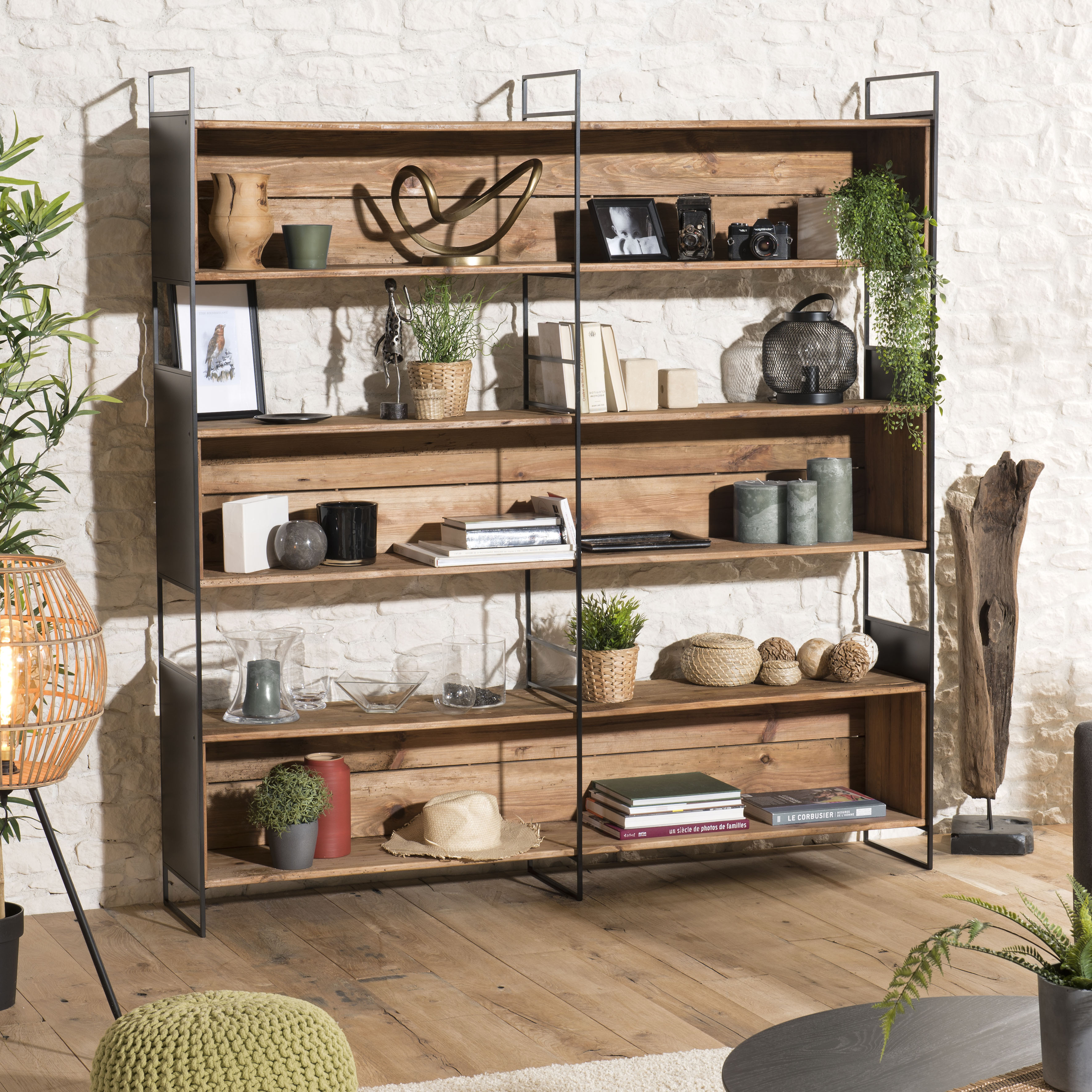 Bibliothèque étagère bois recyclé pin 3 niches CRACOVIE