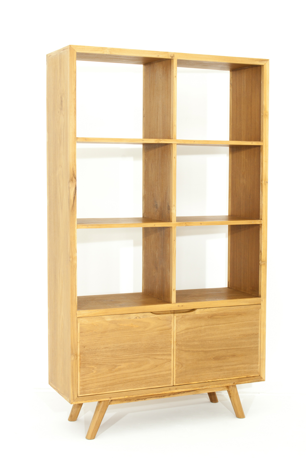 Bibliothèque Etagère en Teck massif naturel 2 portes et 6 niches 100x35x175cm FIFTEES