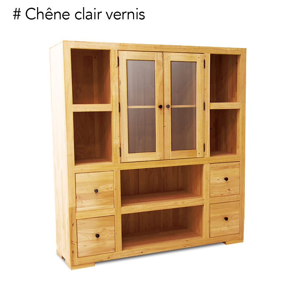 Bibliothèque / Vaisselier Hévéa 2 portes vitrées et bois, 2 tiroirs, 6 niches 130x40x140cm OLGA