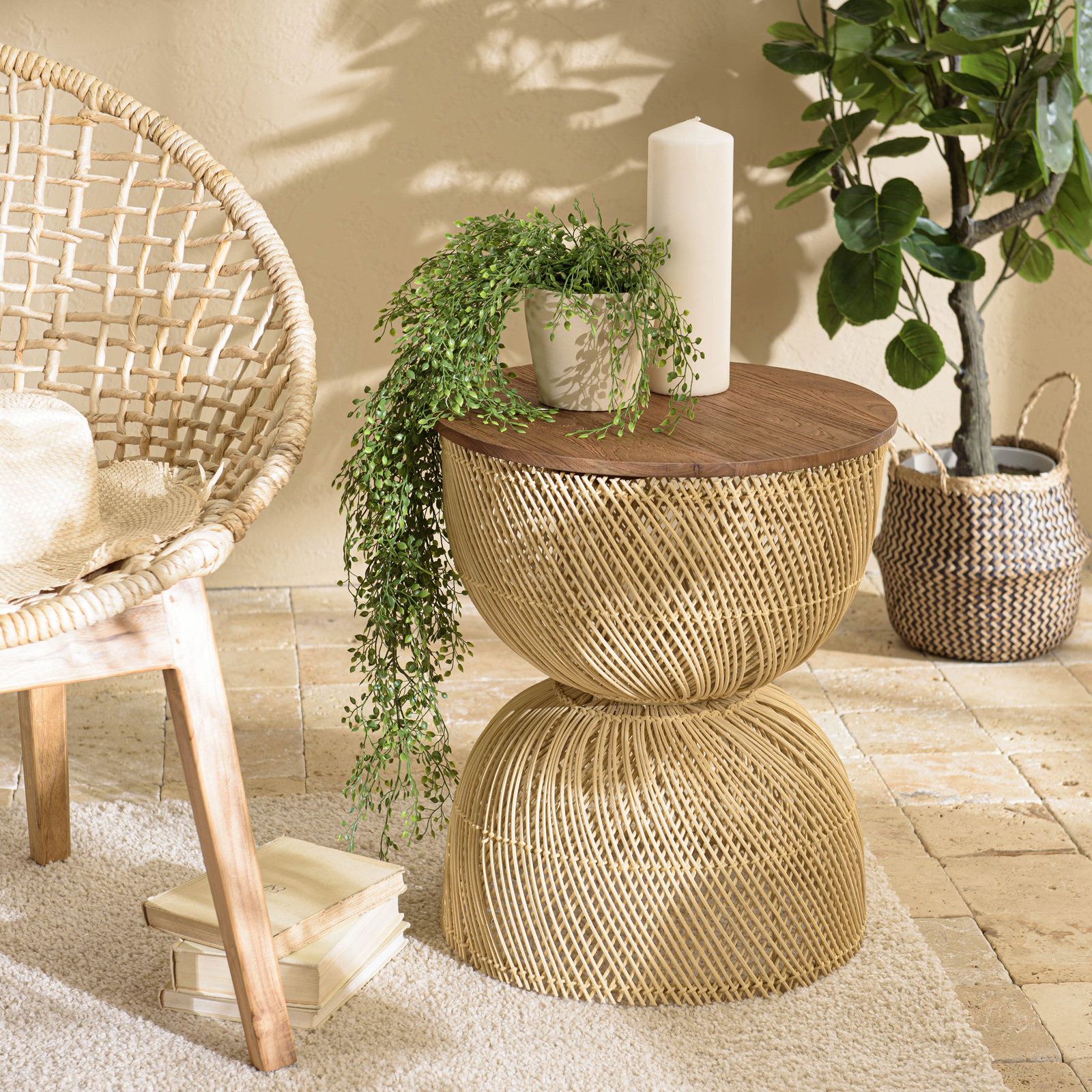 Bout de canapé rond en rotin beige plateau bois 41 cm SWING