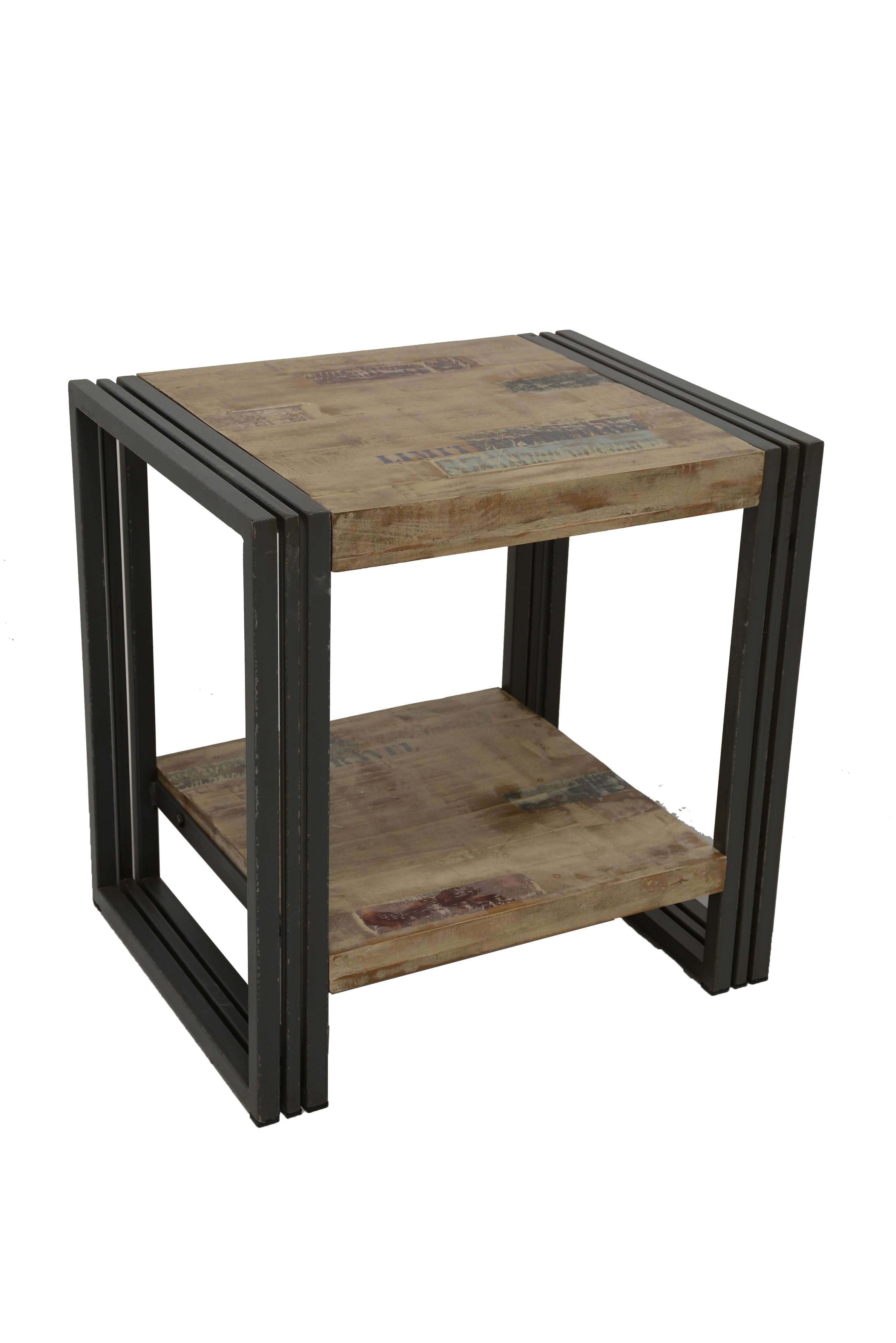Bout de canapé / Table d'appoint hévéa recyclé blanchi et métal noirci 2 plateaux 50X40X50cm DOCKER