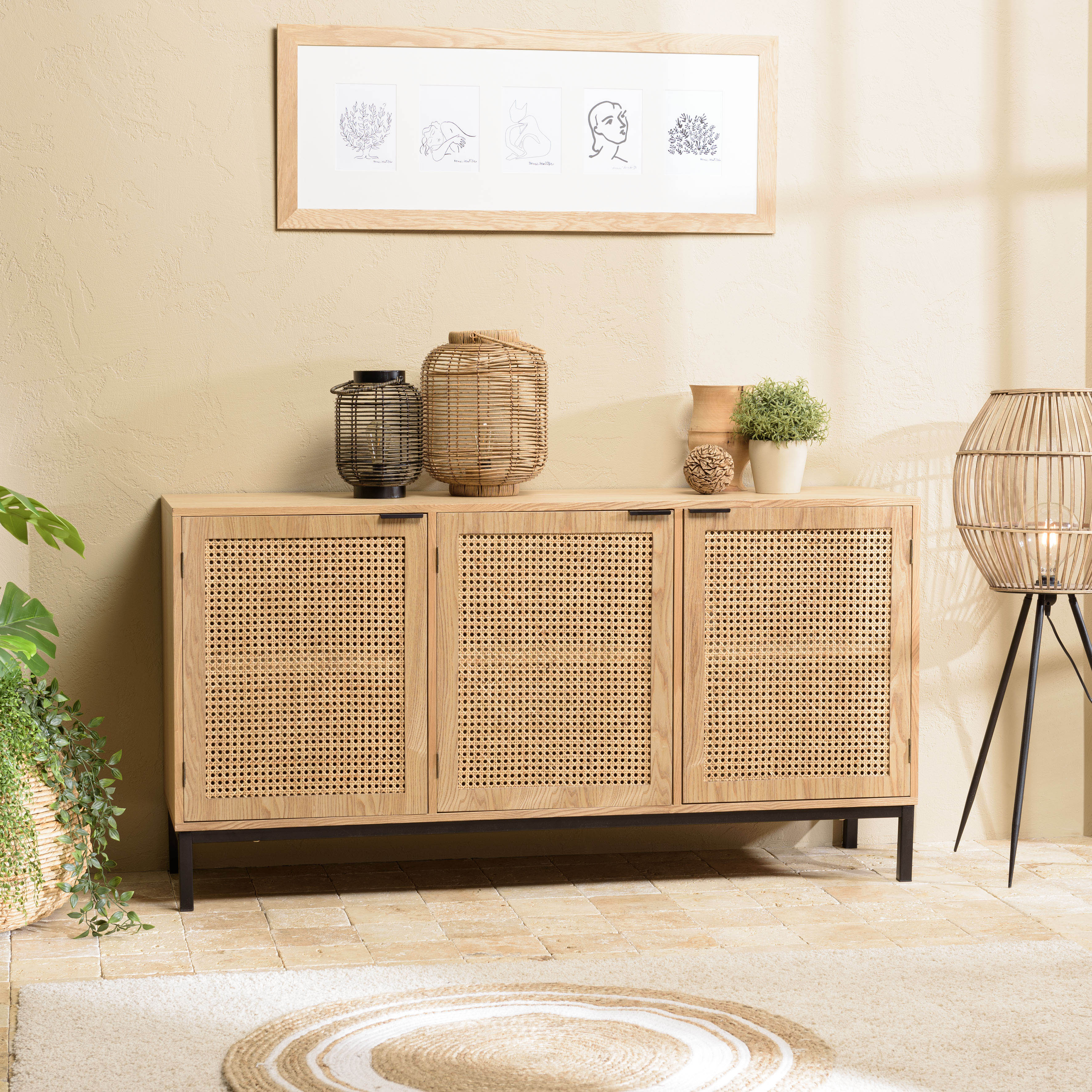 Buffet bas 3 portes cannage naturel pieds métal PALMA
