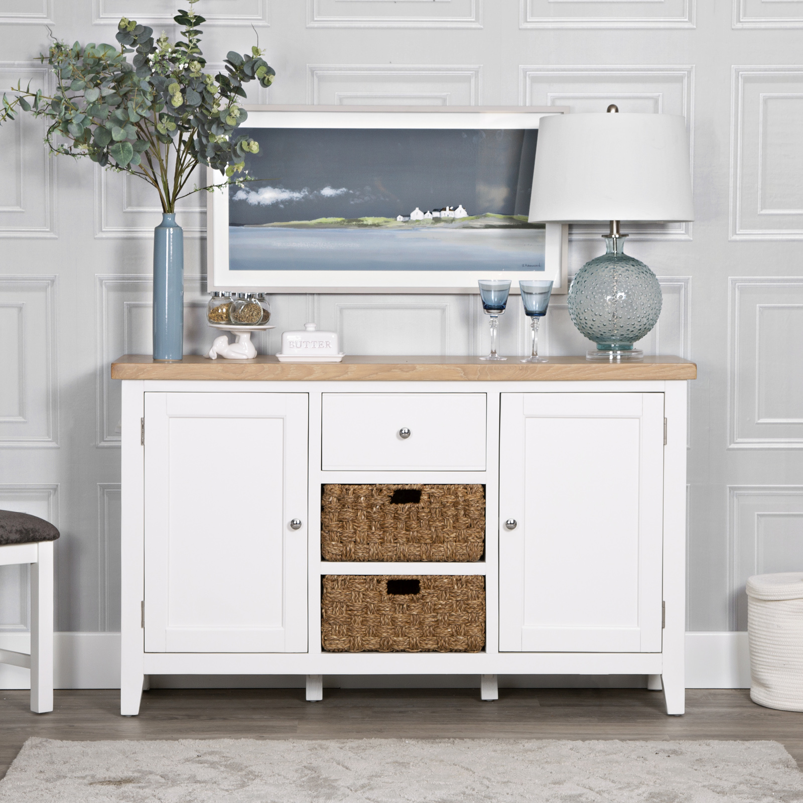 Buffet blanc en chêne avec paniers de rangement NAXOS