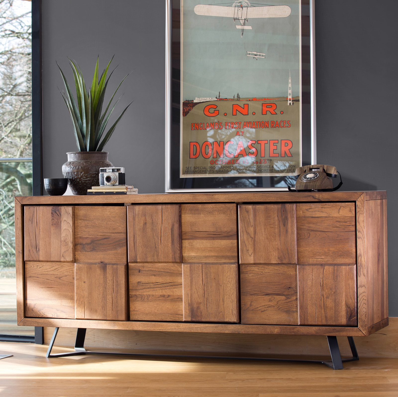 Buffet bois motif damier 3 portes 176 cm OKA