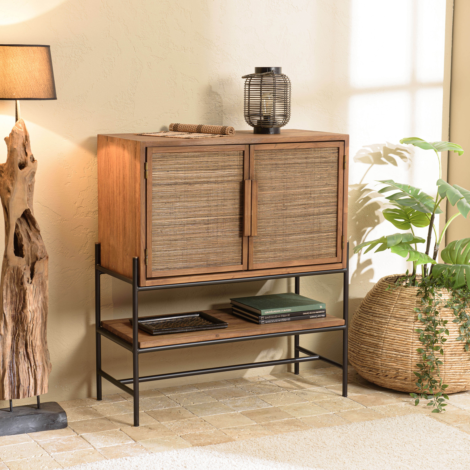 Buffet de rangement 2 portes en teck et fibre de coco SWING