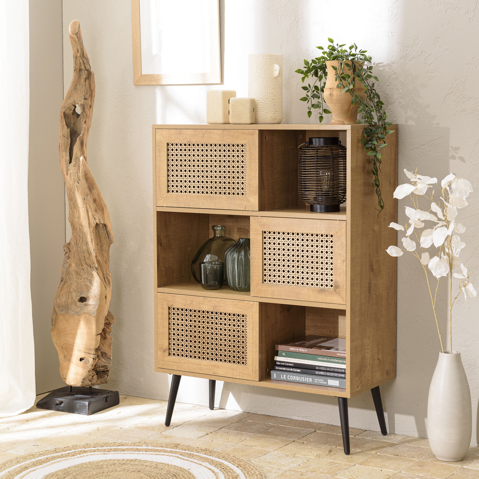 Buffet de rangement bois et cannage 3 portes coulissantes ALCUDIA