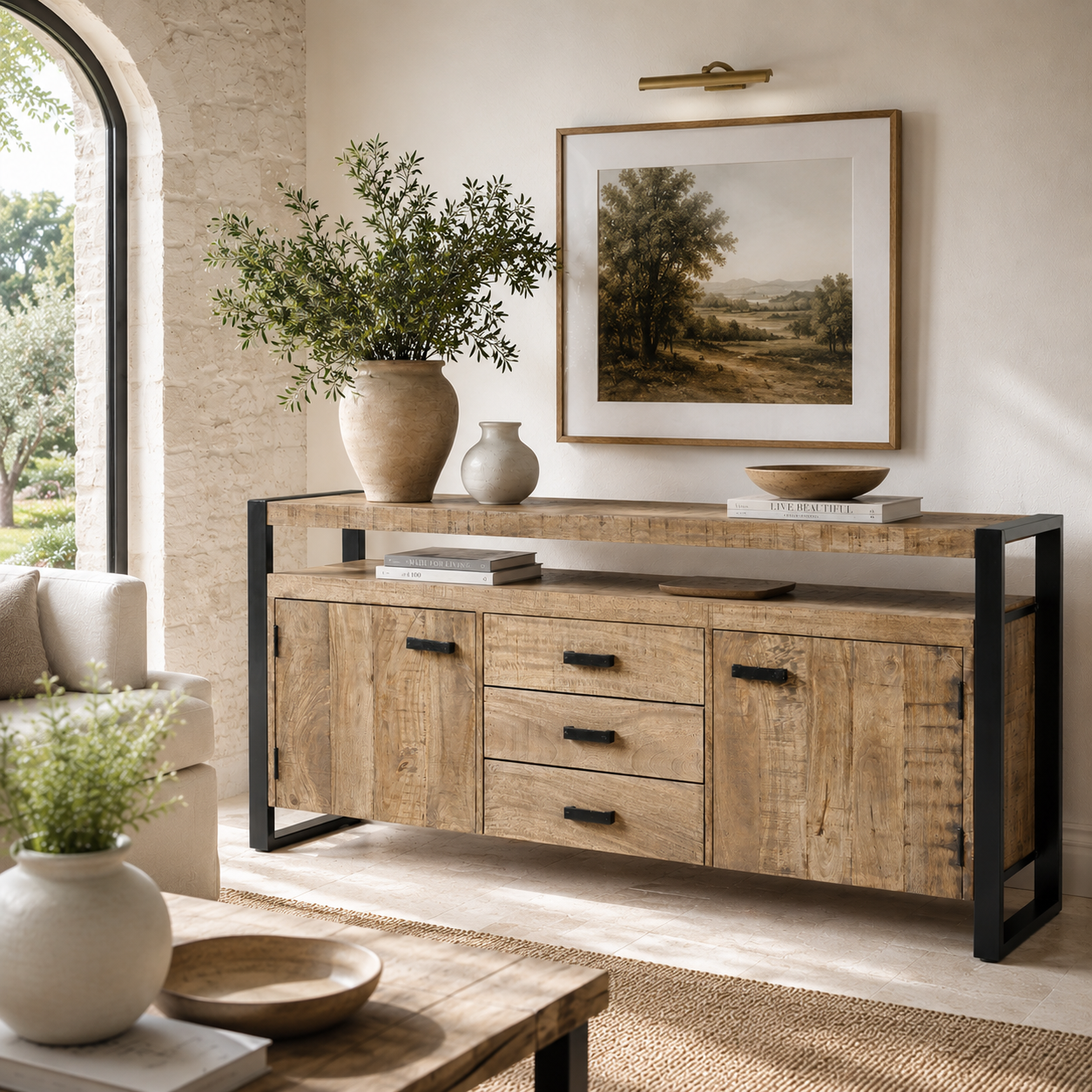 Buffet de salon bois métal à double plateau KARGO