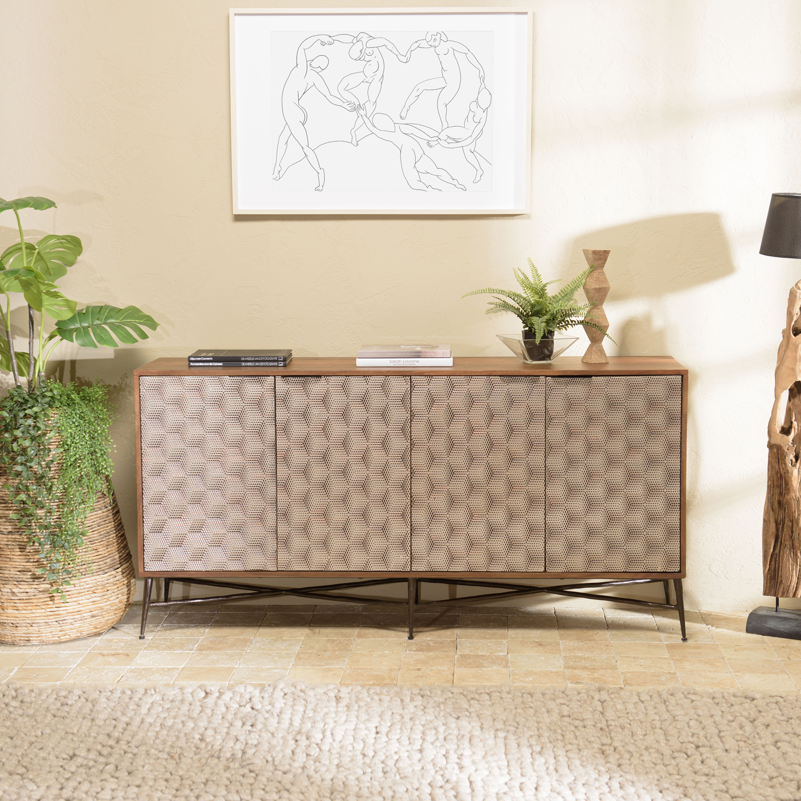 Buffet en bois 4 portes motifs graphiques KANHA