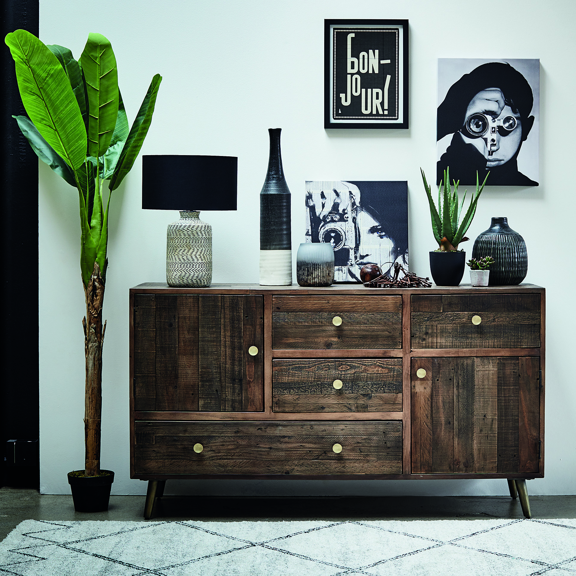 Buffet en bois recyclé piètement effet laiton vieilli ADÉLAÏDE