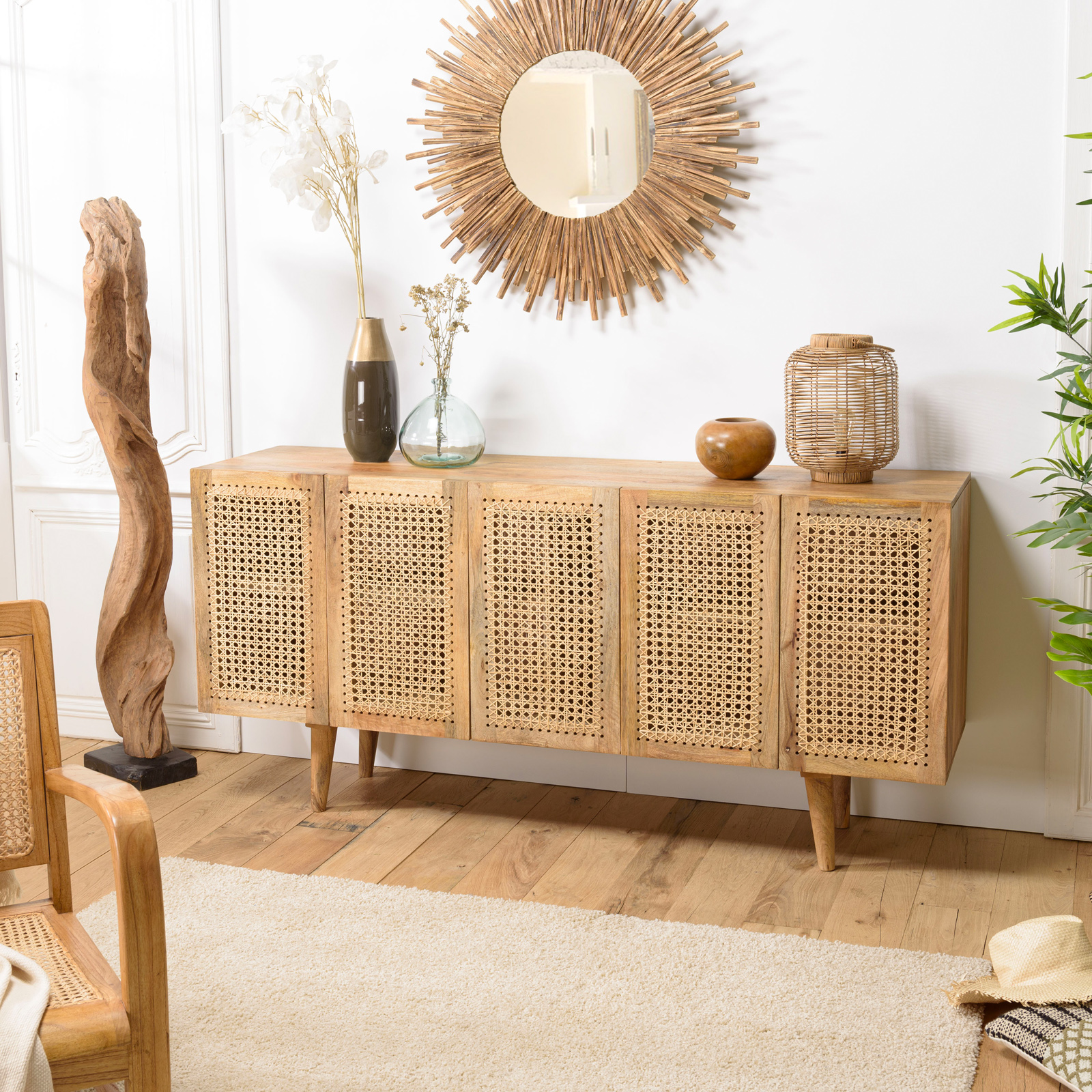 Buffet en cannage et bois de manguier 5 portes MALAGA