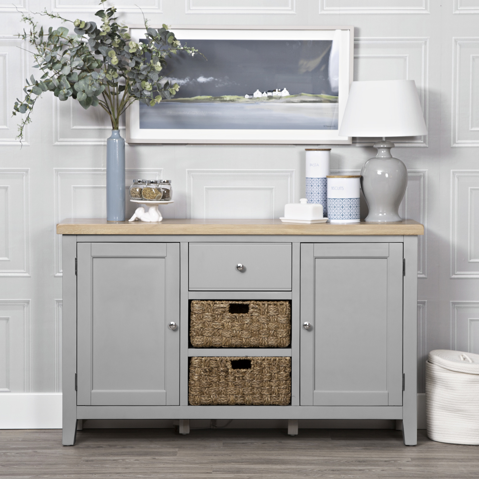 Buffet gris en chêne avec paniers de rangement PAROS