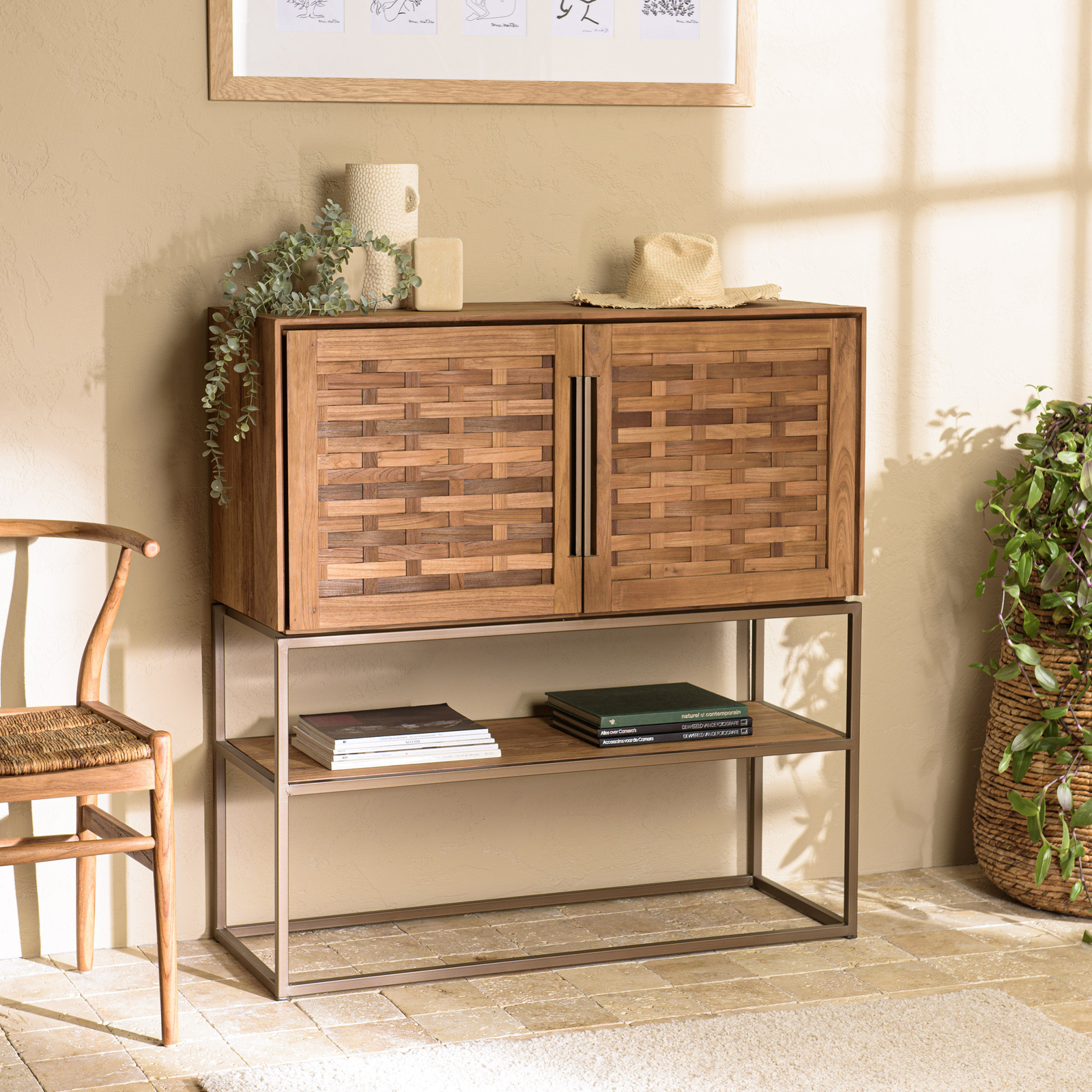Buffet haut 105,5 cm 2 portes en teck recyclé sur pied SWING