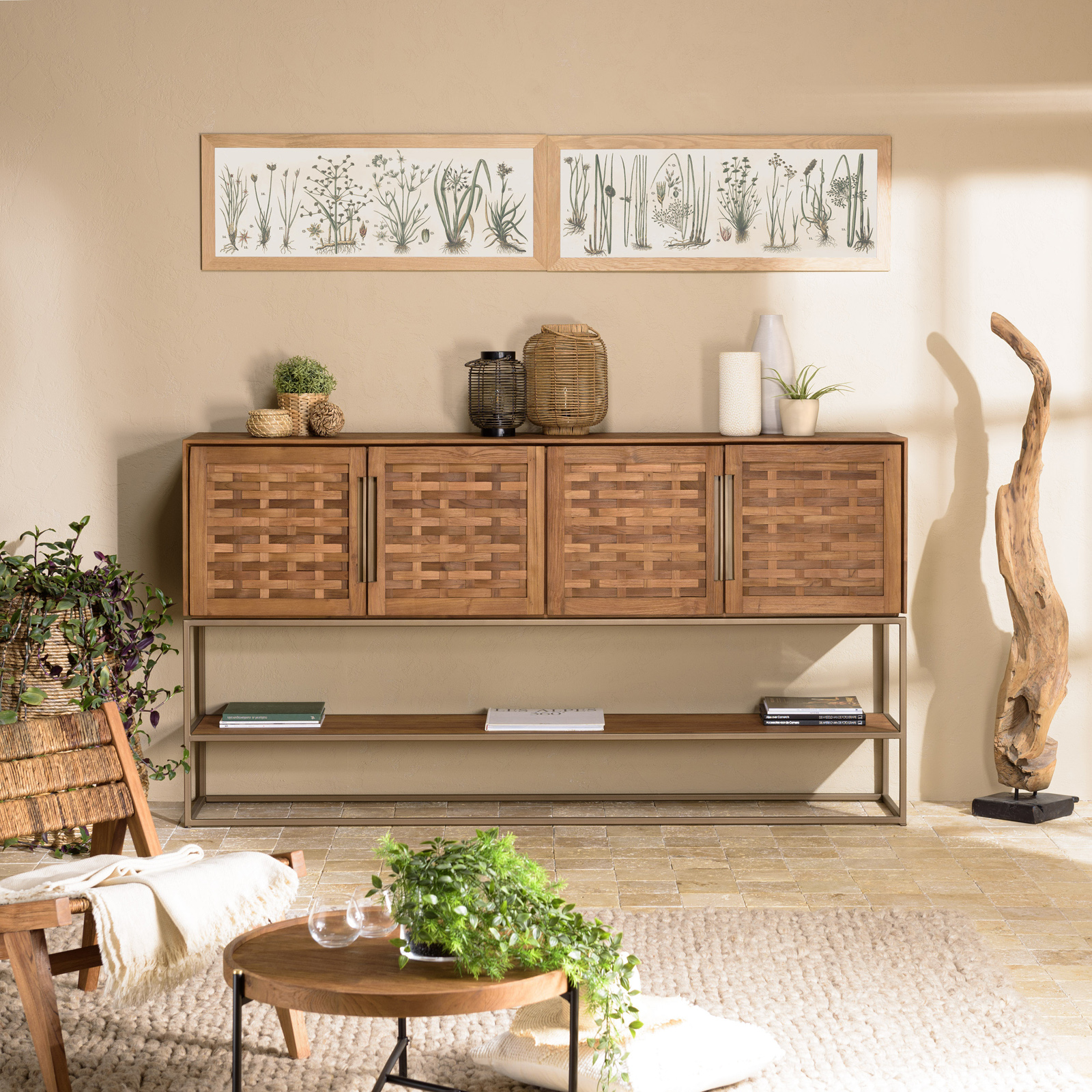 Buffet haut 205,5 cm 4 portes en teck recyclé sur pied SWING