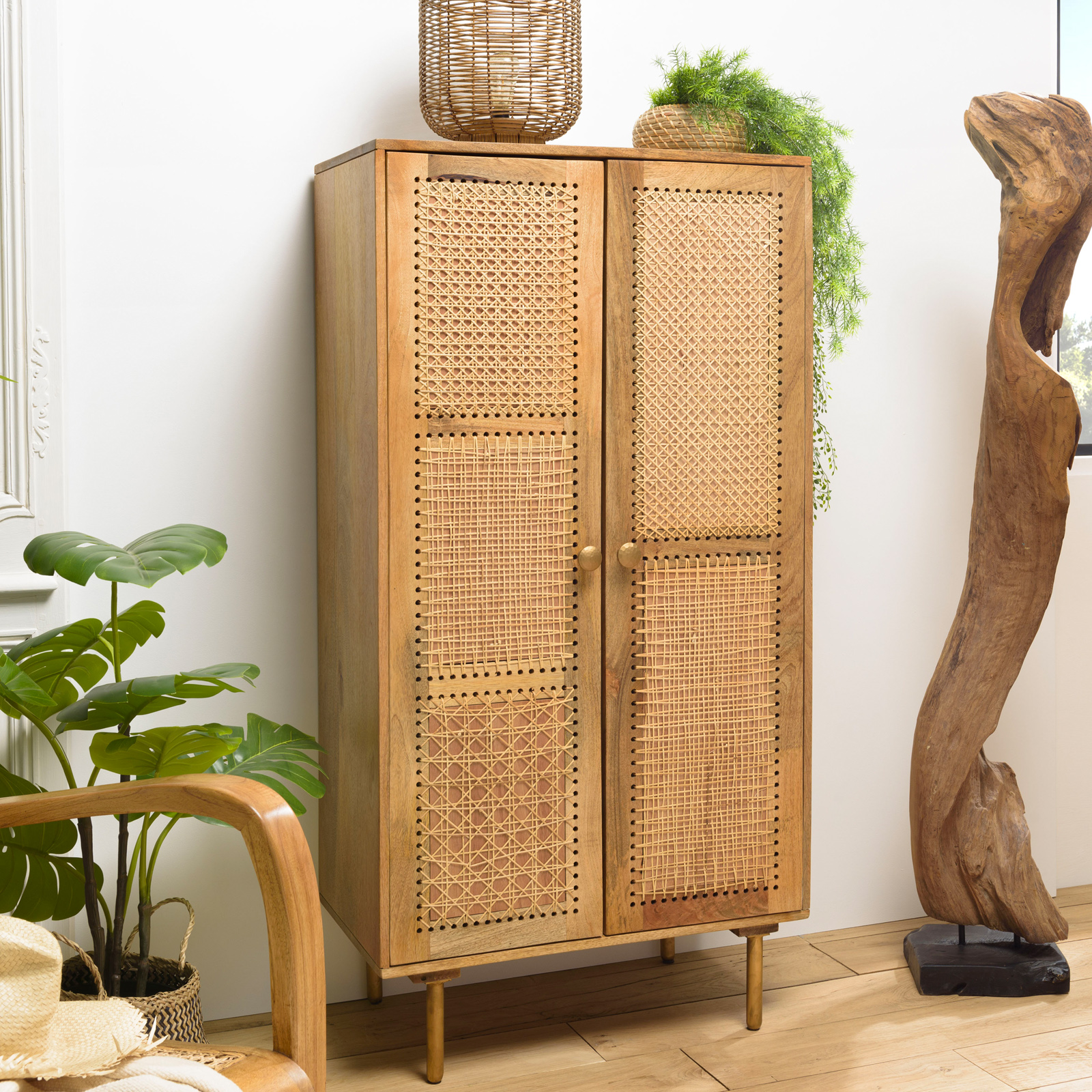 Buffet haut en bois de manguier et cannage MALAGA
