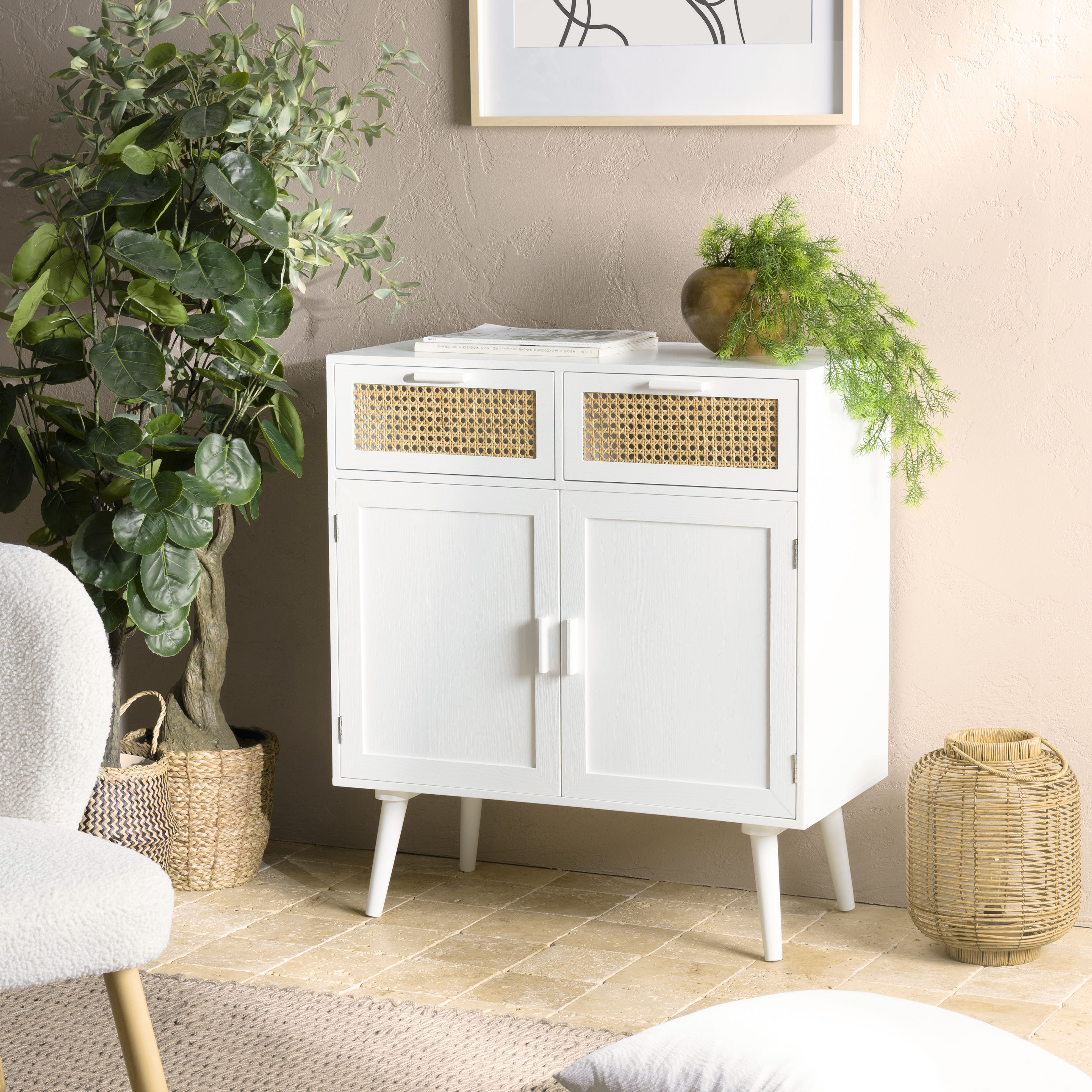 Buffet moderne bois blanc 2 portes 2 tiroirs rotin CALVIA