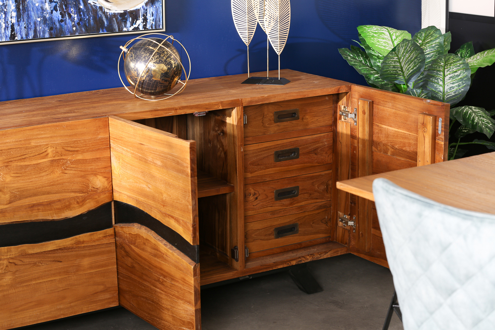 Buffet moderne bois recyclé teck laque noire 200 cm BARBADE