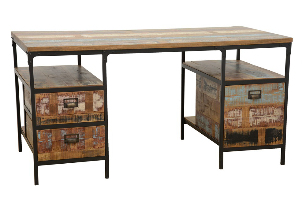 Bureau 3 tiroirs, 2 niches ouvertes en Hévéa recyclé coloré et métal 150x75x75cm LOFT COLORS