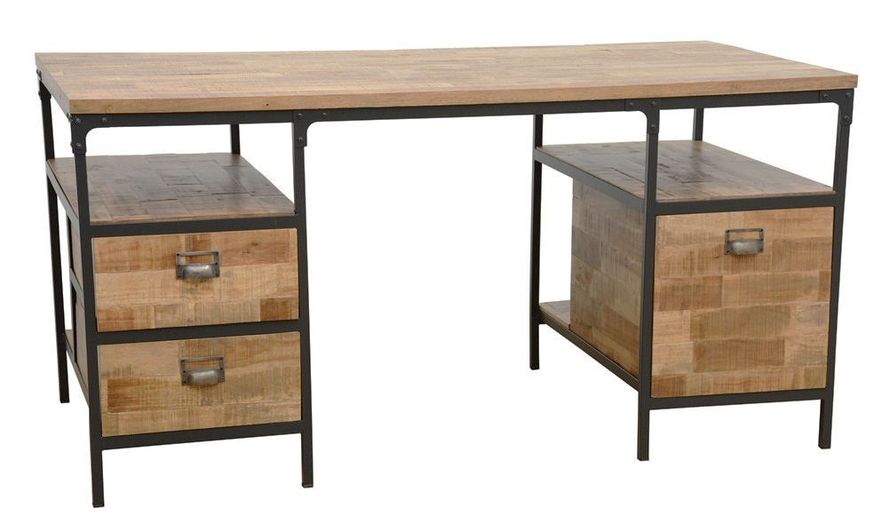 Bureau 3 tiroirs, 2 niches ouvertes en Hévéa recyclé naturel et métal 150x75x75cm LOFT