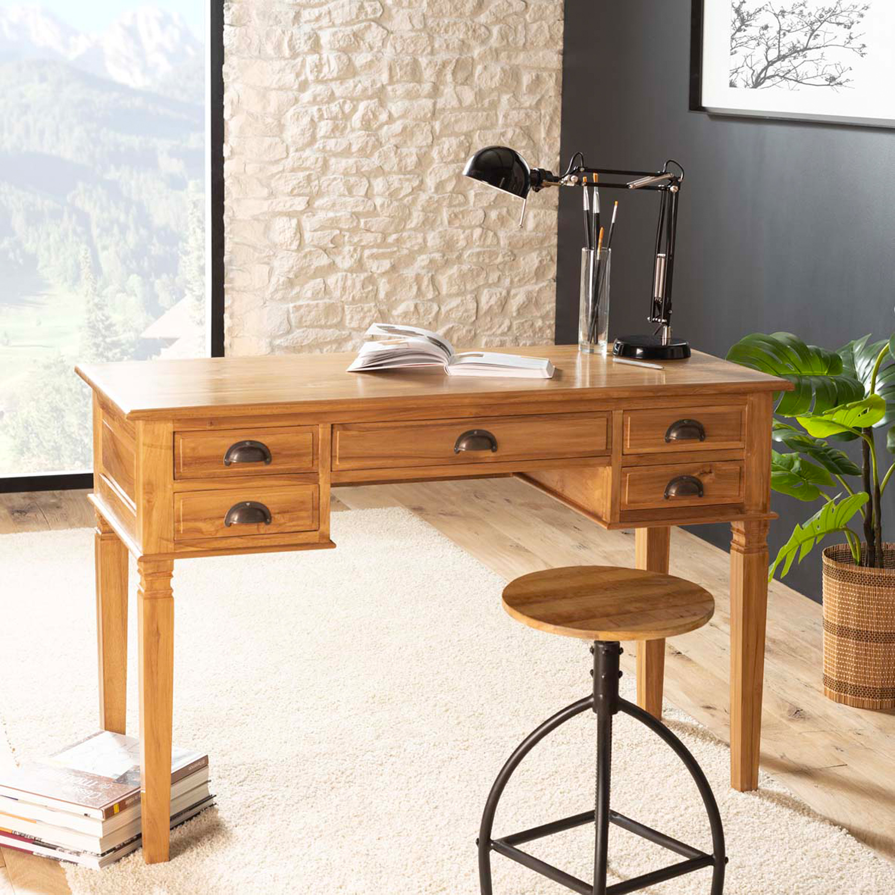 Bureau colonial 5 tiroirs Teck Miel 120cm BISHO