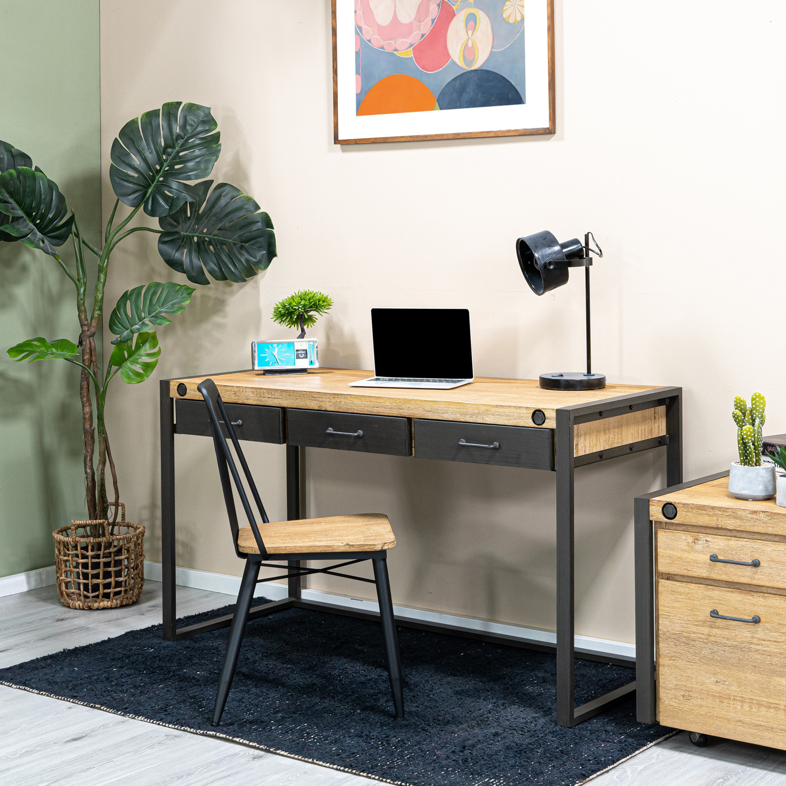 Bureau Inspiration Indus' en Acacia et Métal 3 tiroirs métal 140x60x78,5cm BROOKLYN