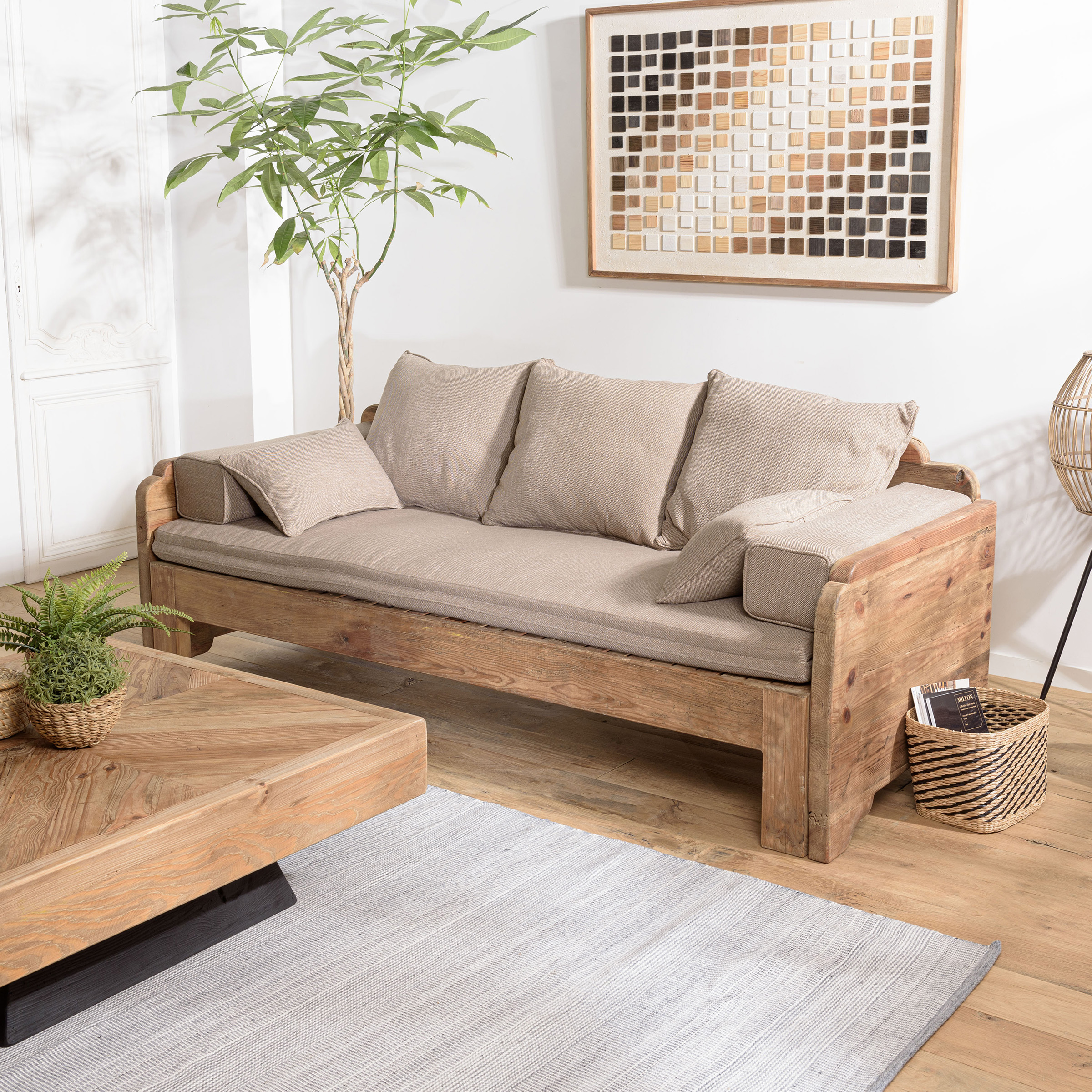 Canapé convertible en bois recyclé coussins taupe DENVER