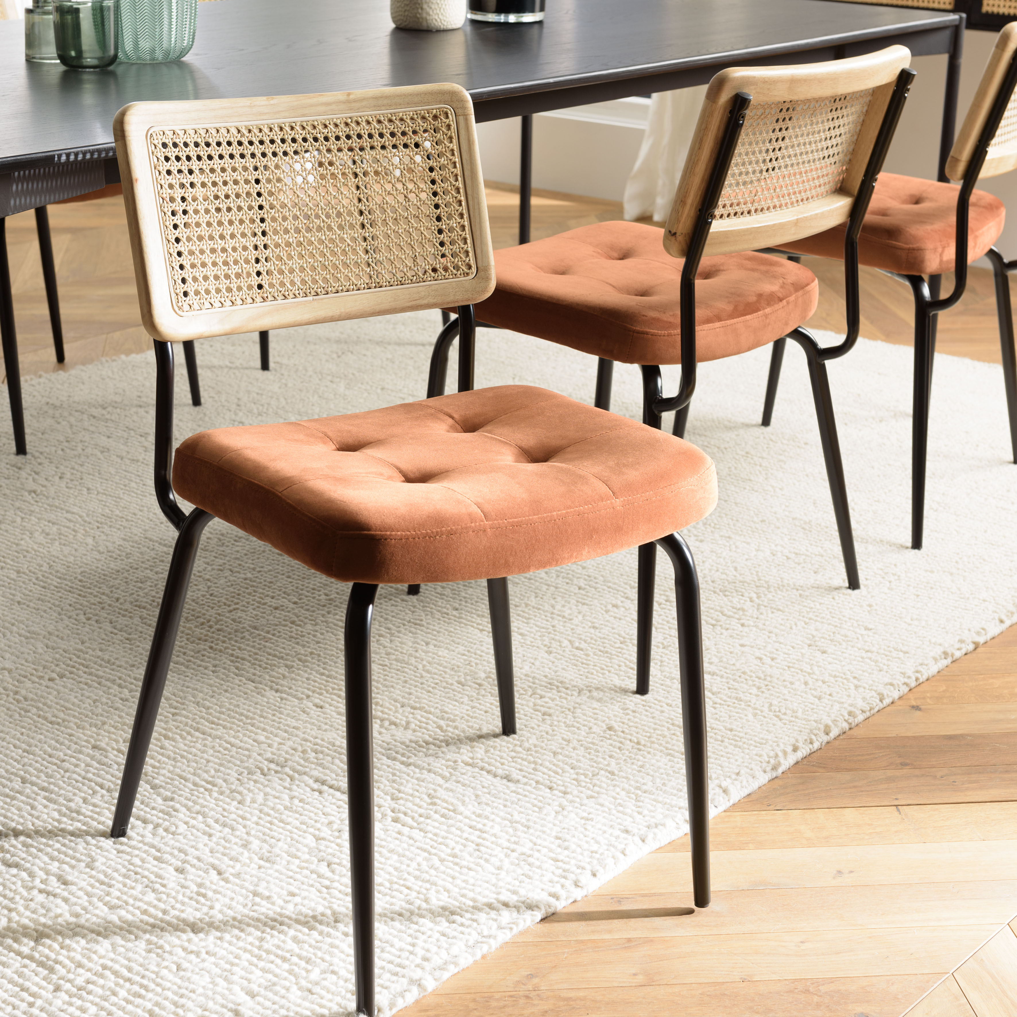 Chaise assise velours orange capitonné dossier cannage (lot de 2) TIM