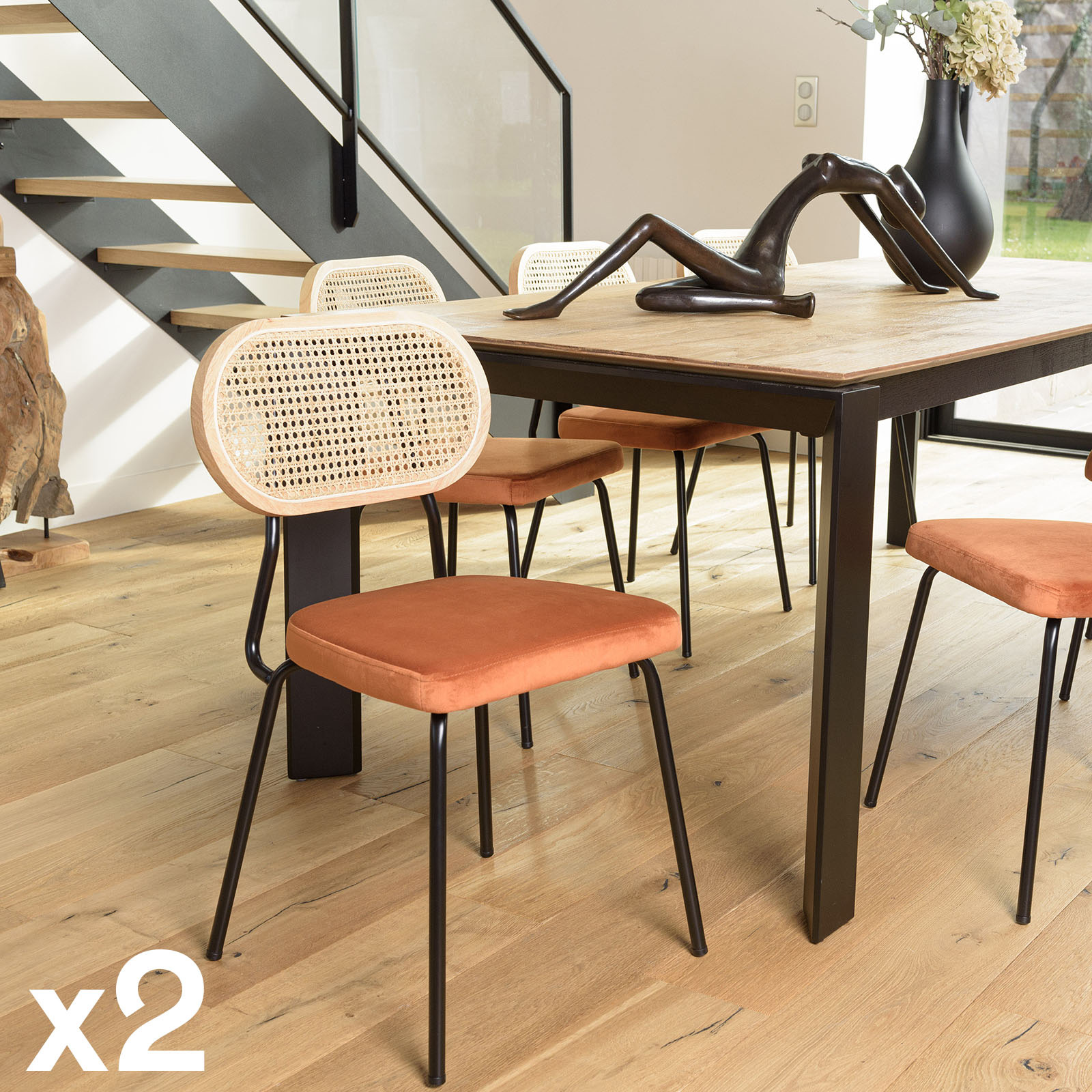 Chaise assise velours orange dossier rotin (lot de 2) PALMA