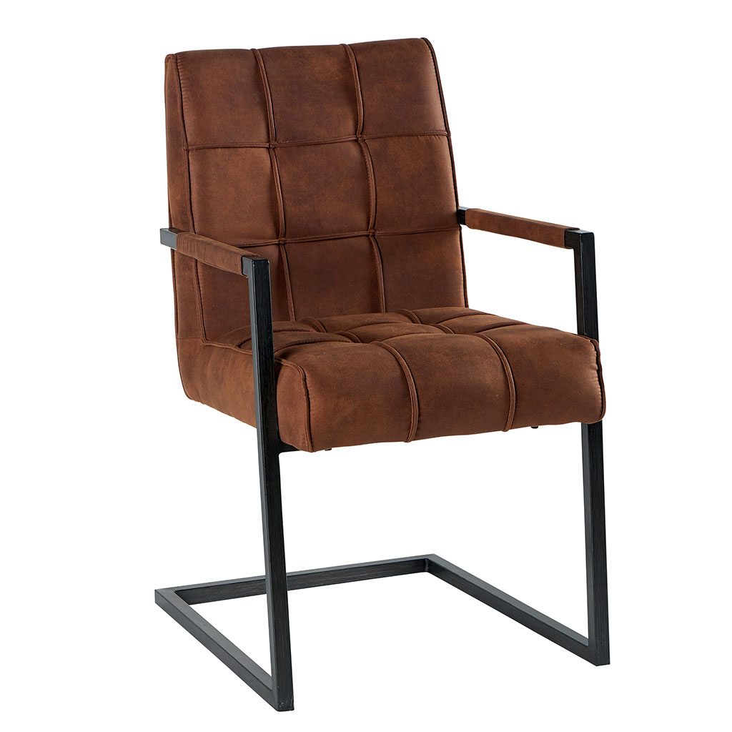 Chaise avec accoudoirs en tissu marron havane capitonné quadrillé et pieds métal 55x65x90cm KERALA
