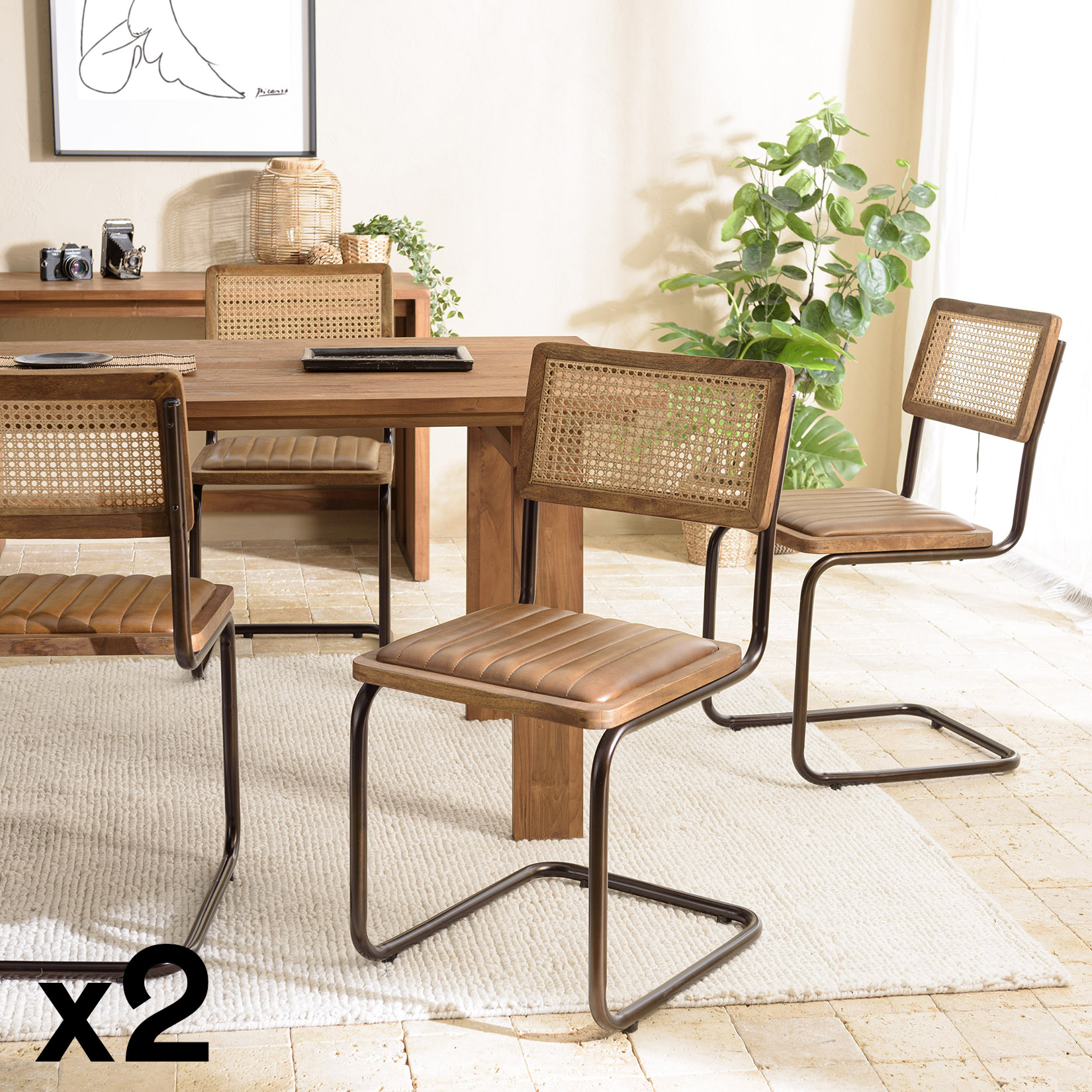 Chaise cuir et rotin havane pied luge (lot de 2) TIM