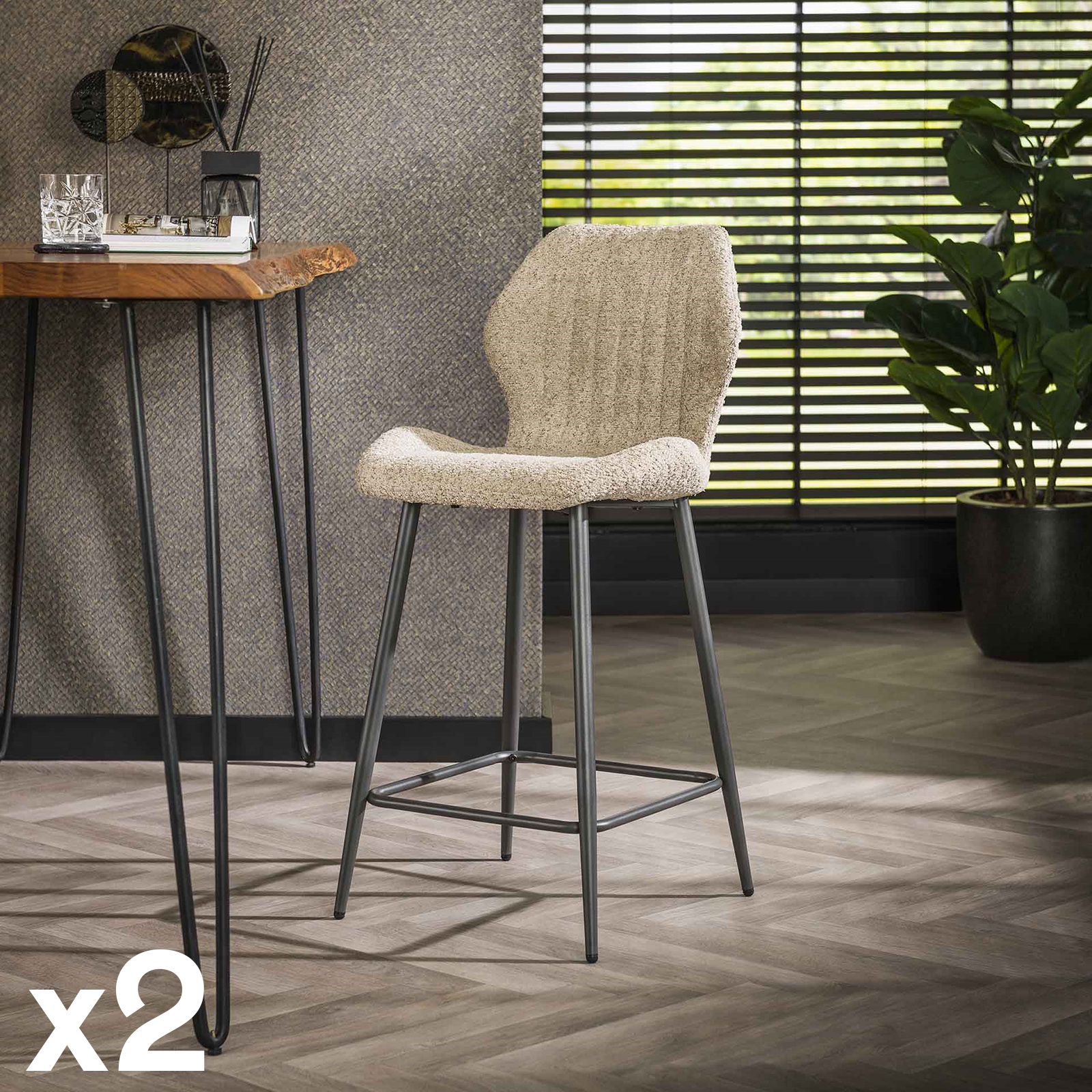 Chaise de bar beige en bouclette avec repose-pieds (lot de 2) GALWAY