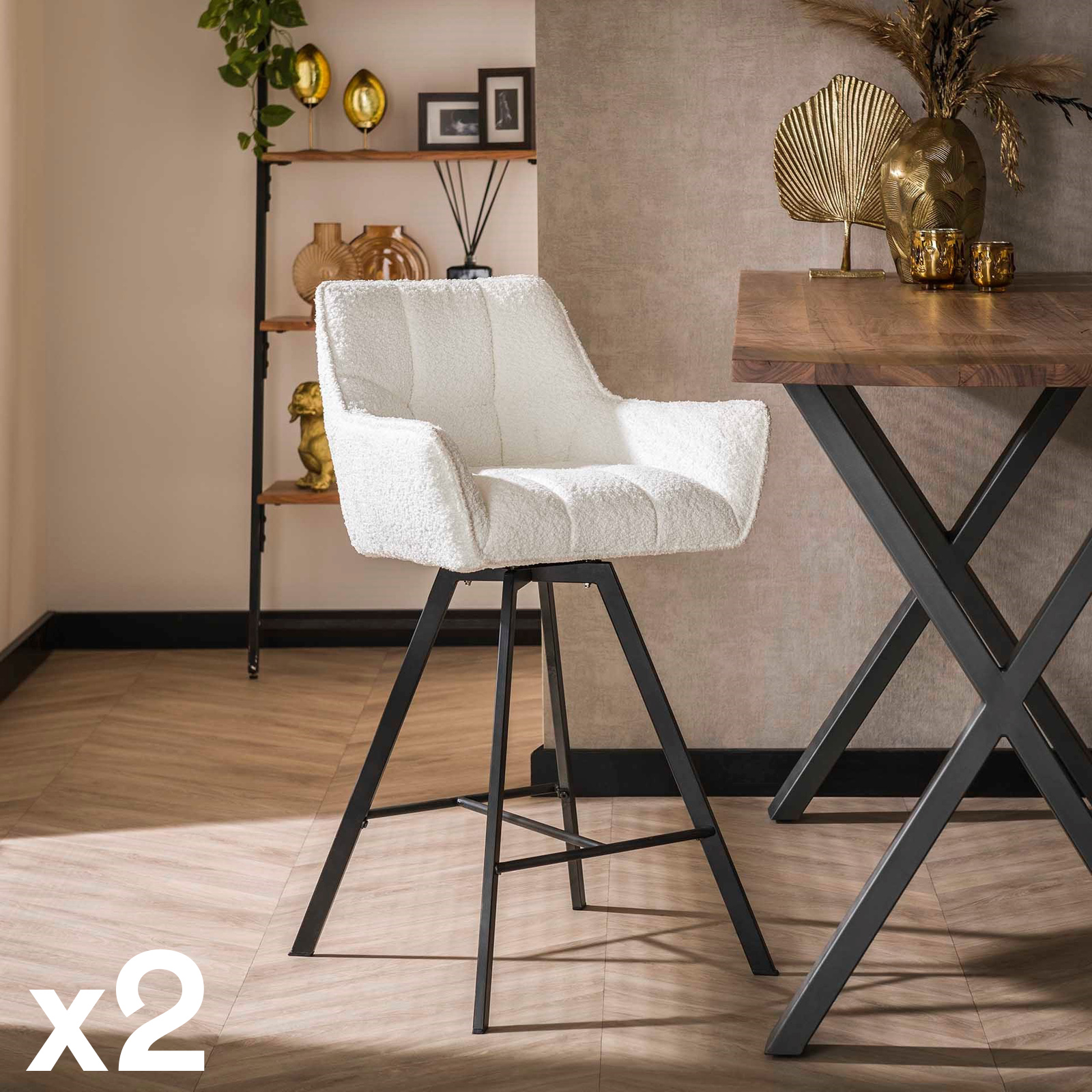 Chaise de bar confortable en bouclette blanche avec fonction pivotante (lot de 2) MELBOURNE