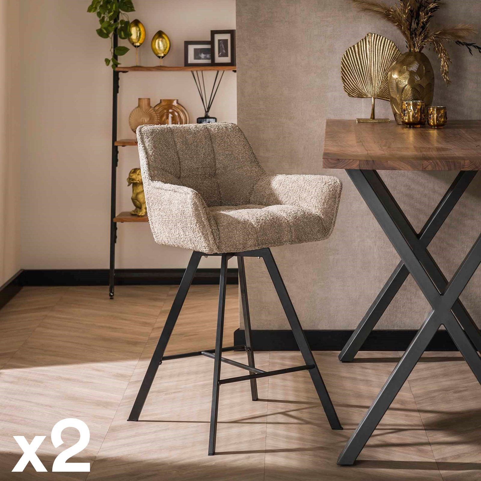 Chaise de bar confortable en bouclette sable avec fonction pivotante (lot de 2) MELBOURNE