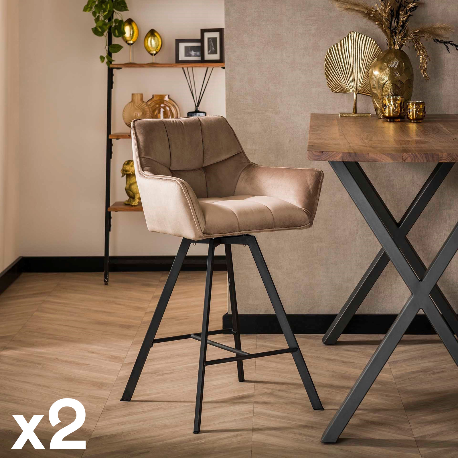 Chaise de bar confortable en velours cannelle avec fonction pivotante (lot de 2) MELBOURNE
