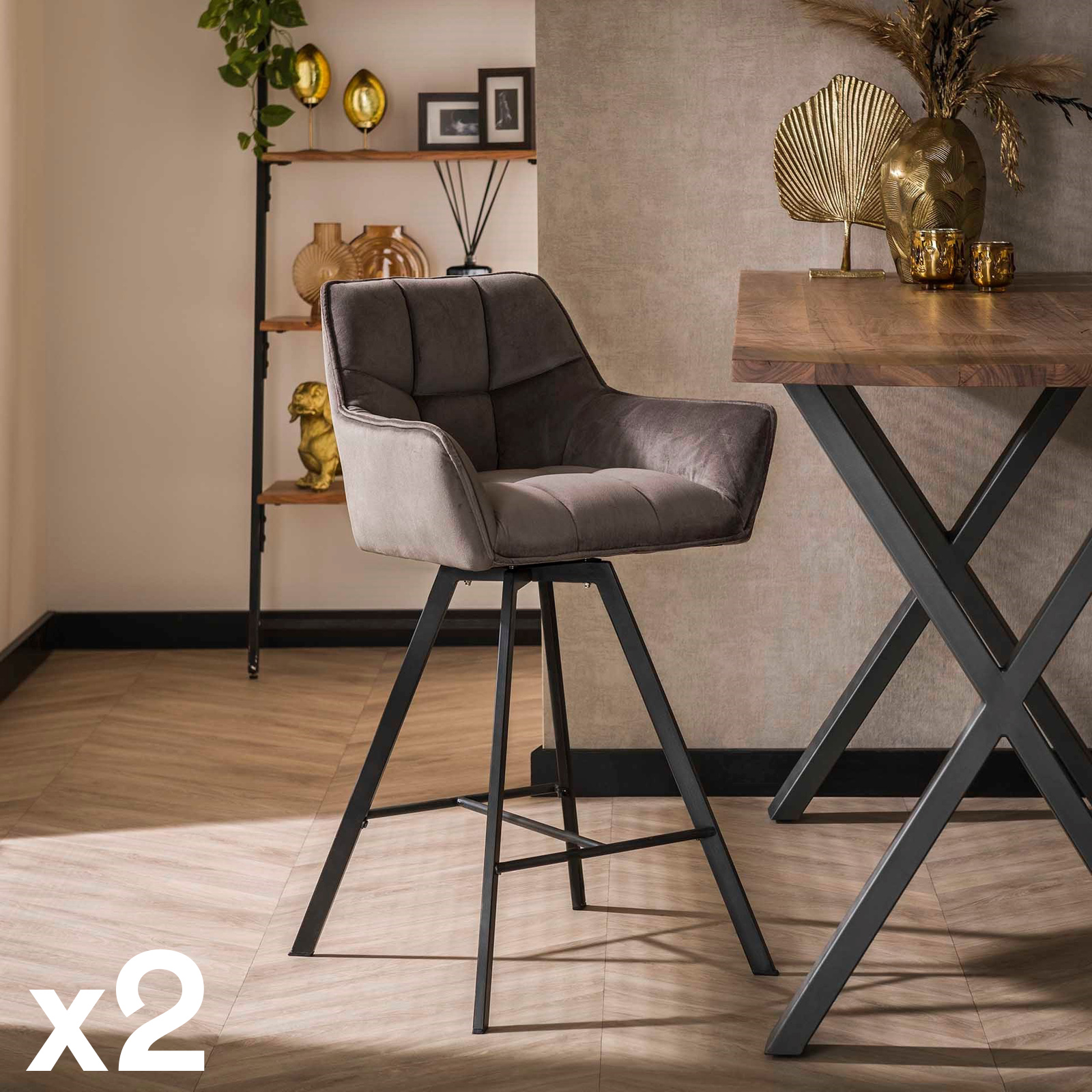 Chaise de bar confortable en velours gris avec fonction pivotante (lot de 2) MELBOURNE