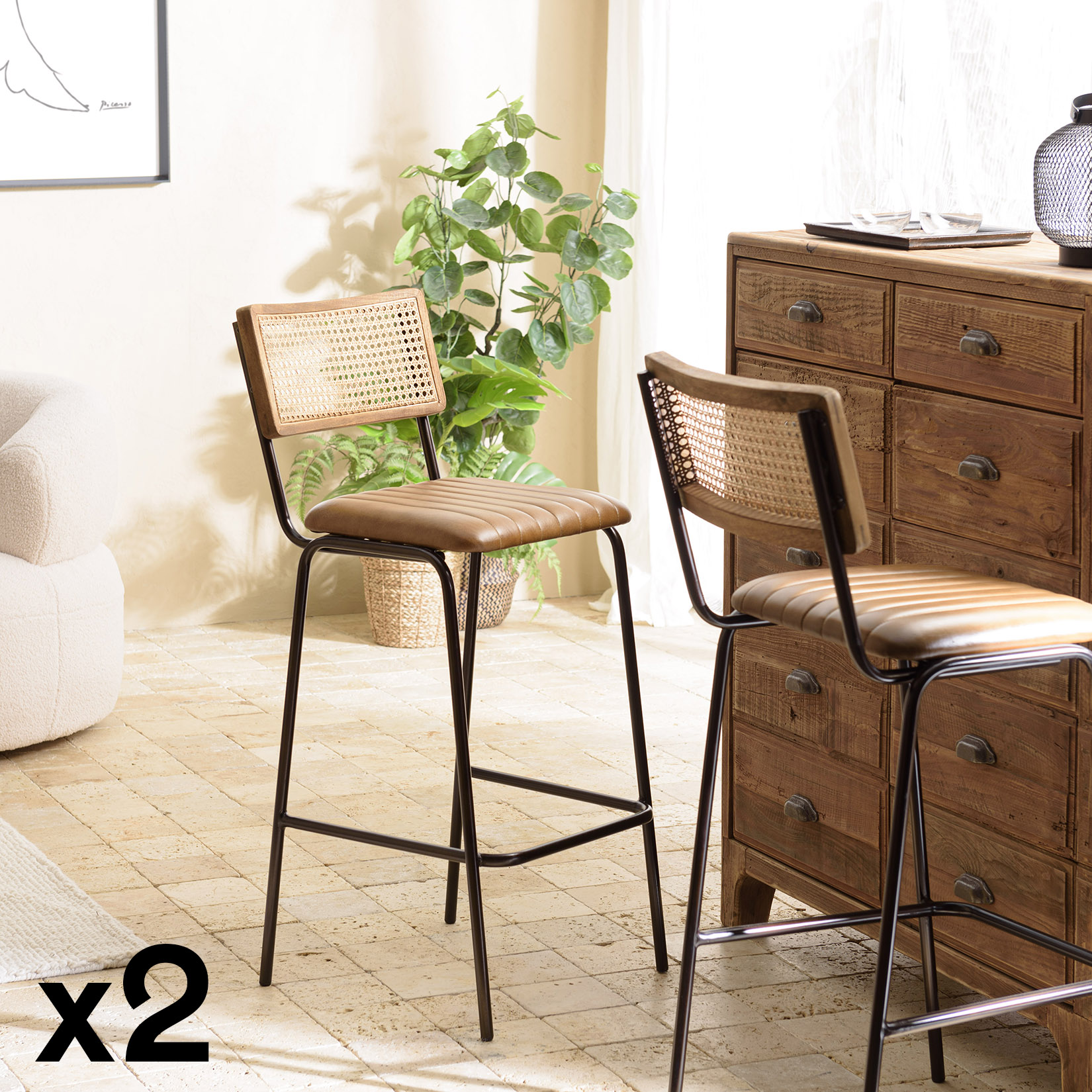 Chaise de bar cuir havane et cannage (lot de 2) TIM