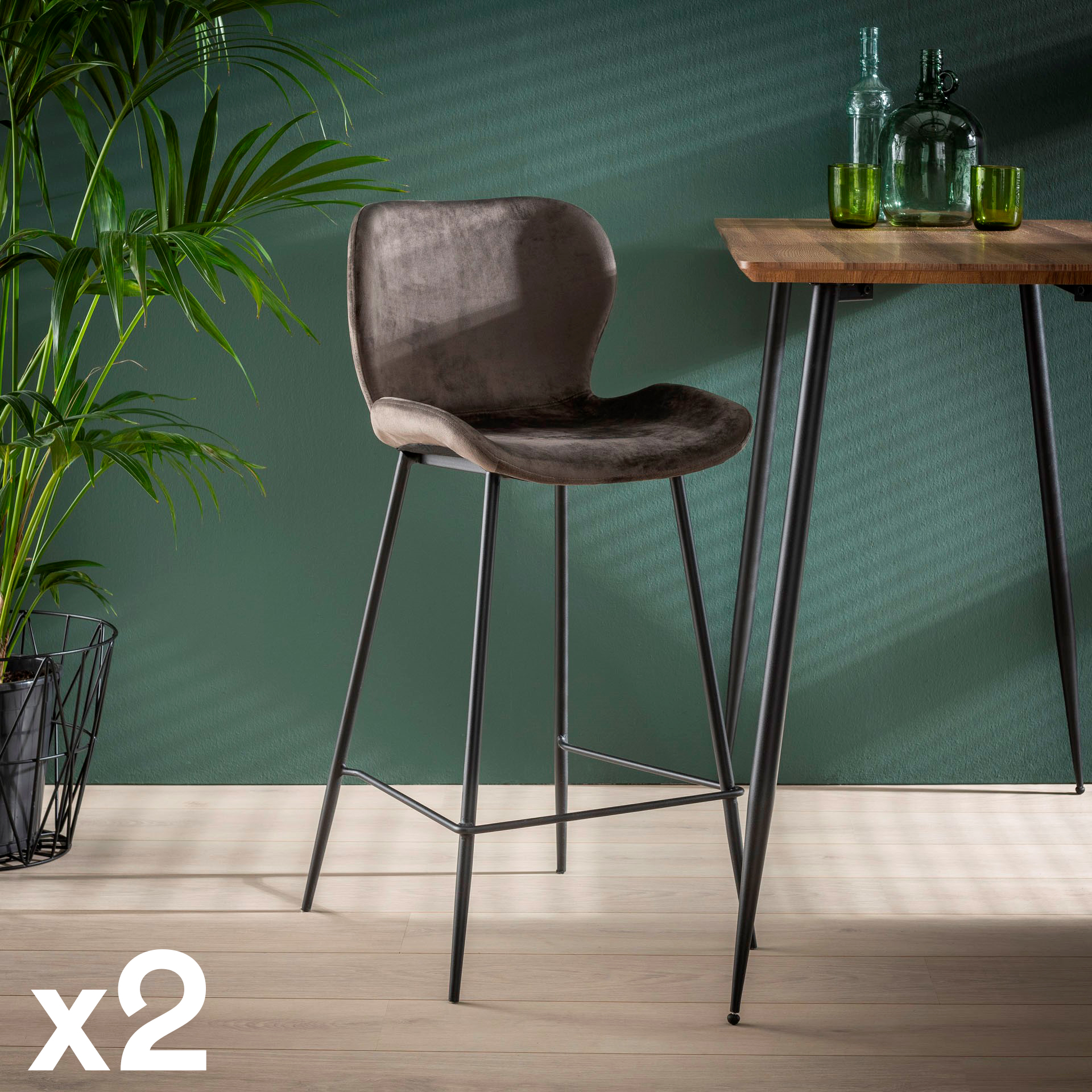 Chaise de bar en velours anthracite MELBOURNE (lot de 2)