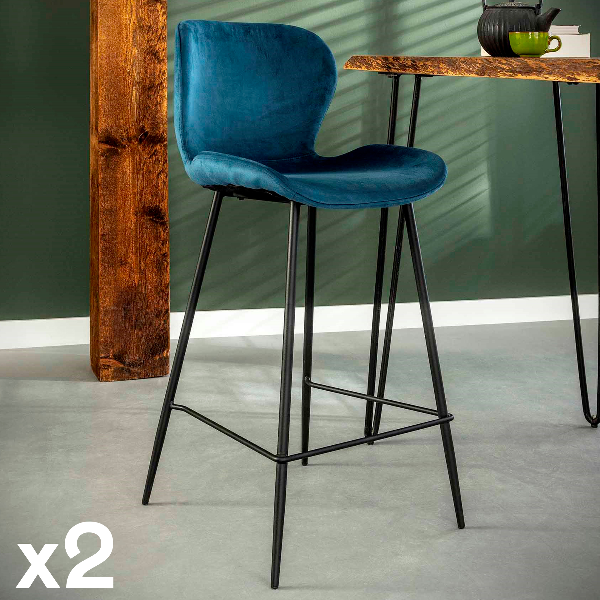 Chaise de bar en velours bleu MELBOURNE (lot de 2)