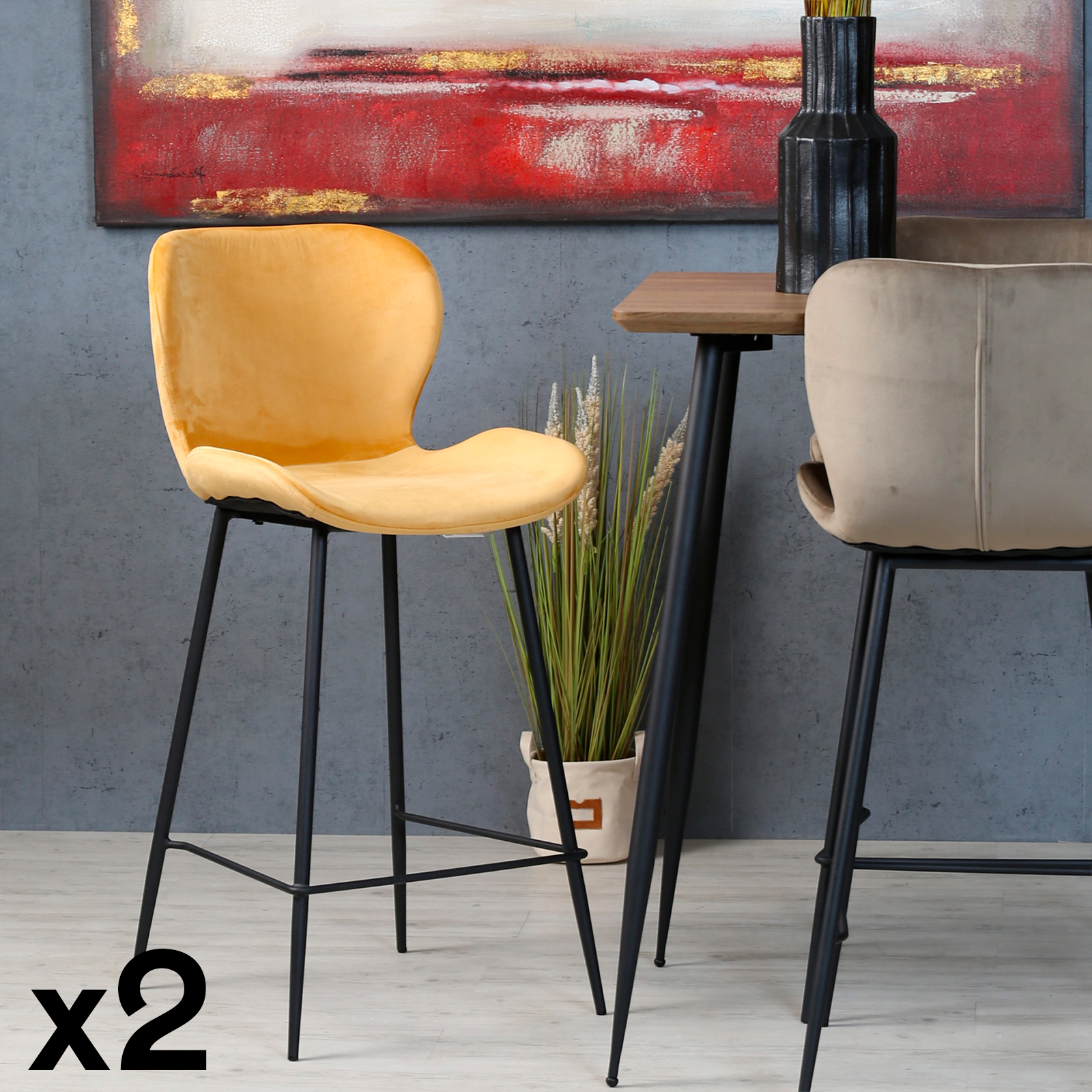 Chaise de bar en velours jaune style moderne (lot de 2) MELBOURNE