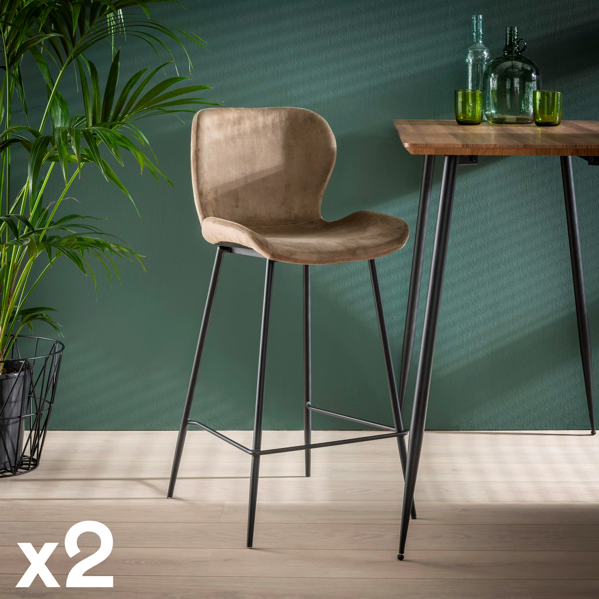 Chaise de bar en velours sable MELBOURNE (lot de 2)