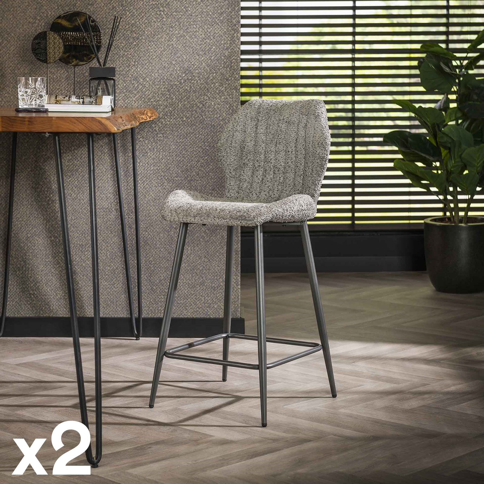 Chaise de bar grise en bouclette avec repose-pieds (lot de 2) GALWAY