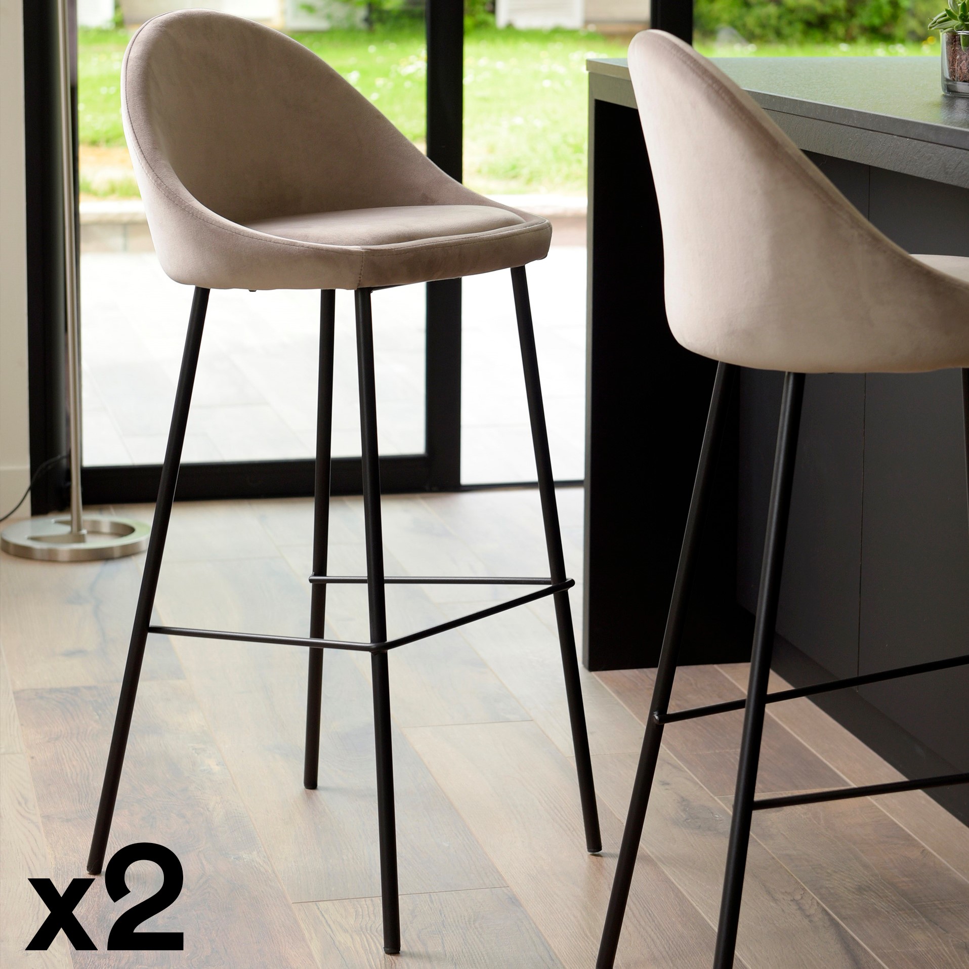 Chaise de bar velours beige TIM (lot de 2)