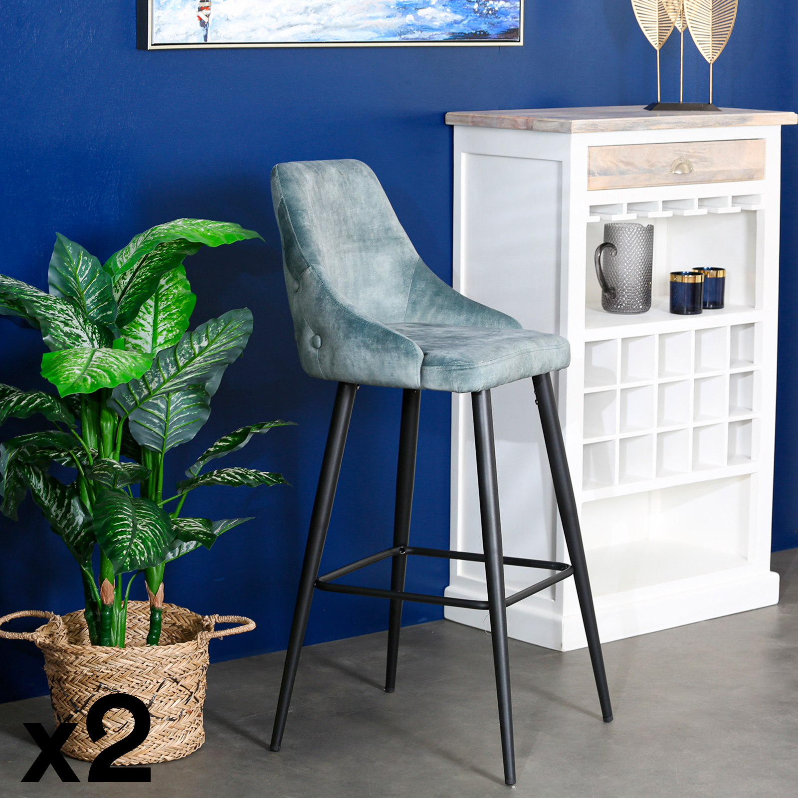 Chaise de bar velours bleu pétrole (lot de 2) MALMOE