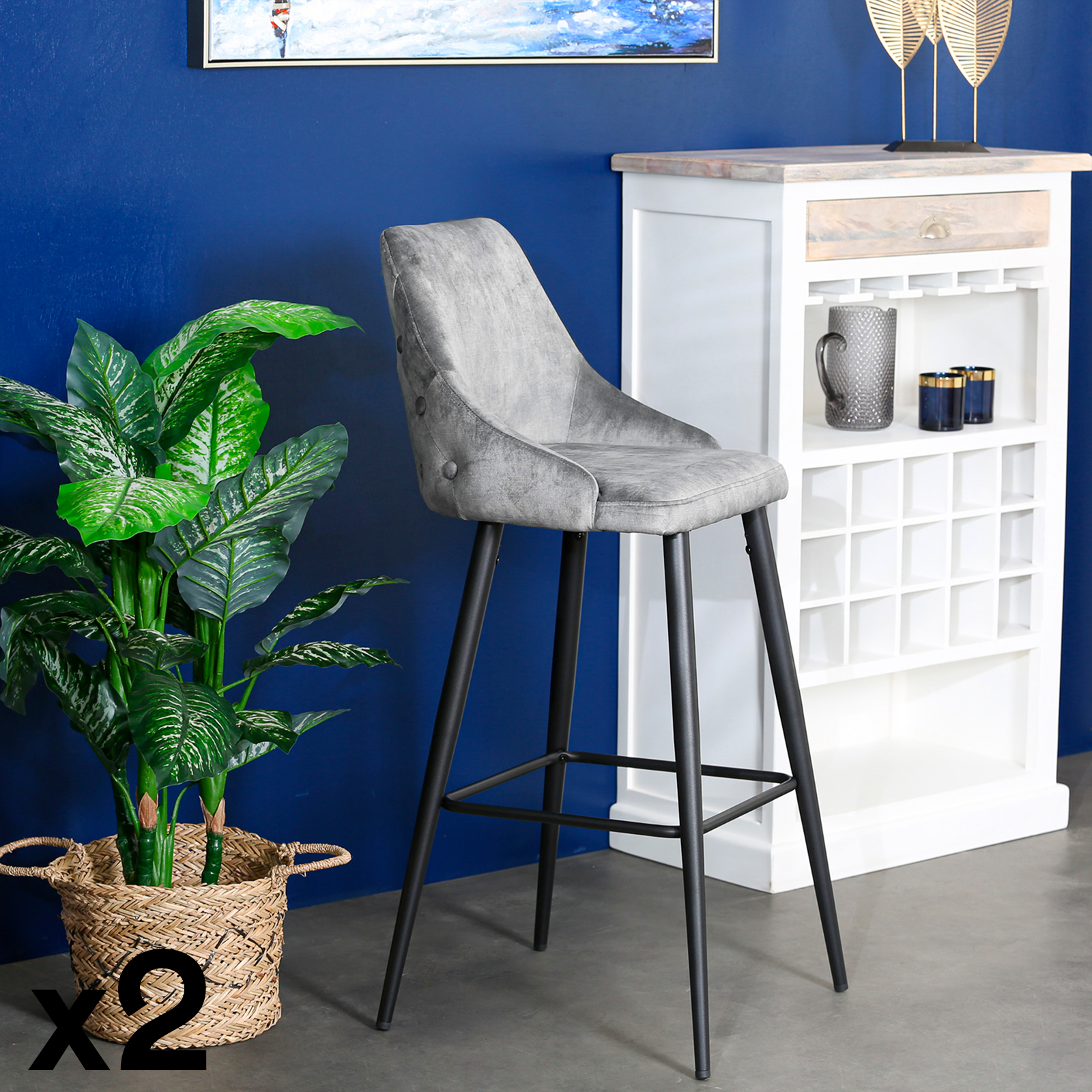 Chaise de bar velours gris (lot de 2) MALMOE