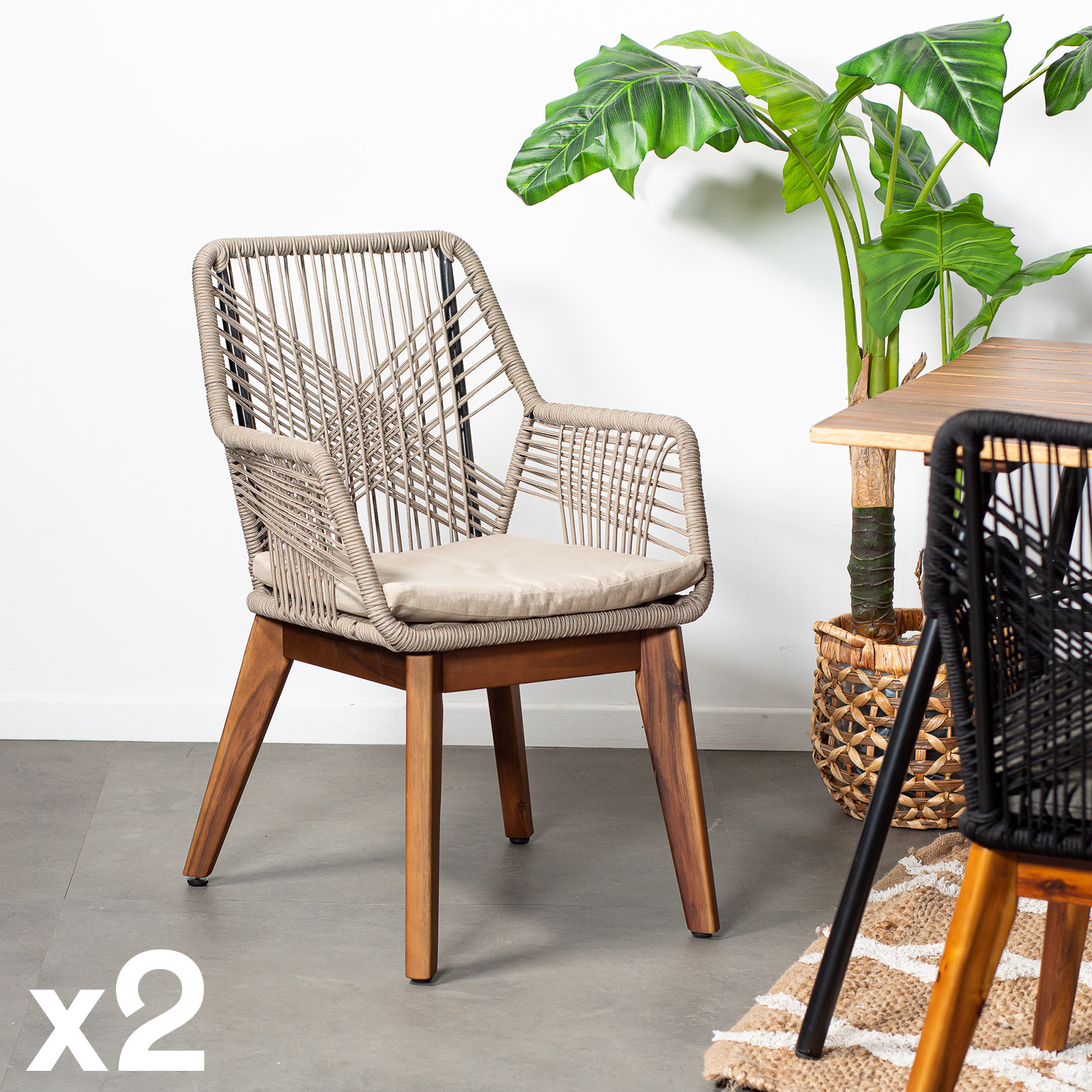 Chaise de jardin beige en corde tressée et pieds bois FSC® (lot de 2) GRENADE