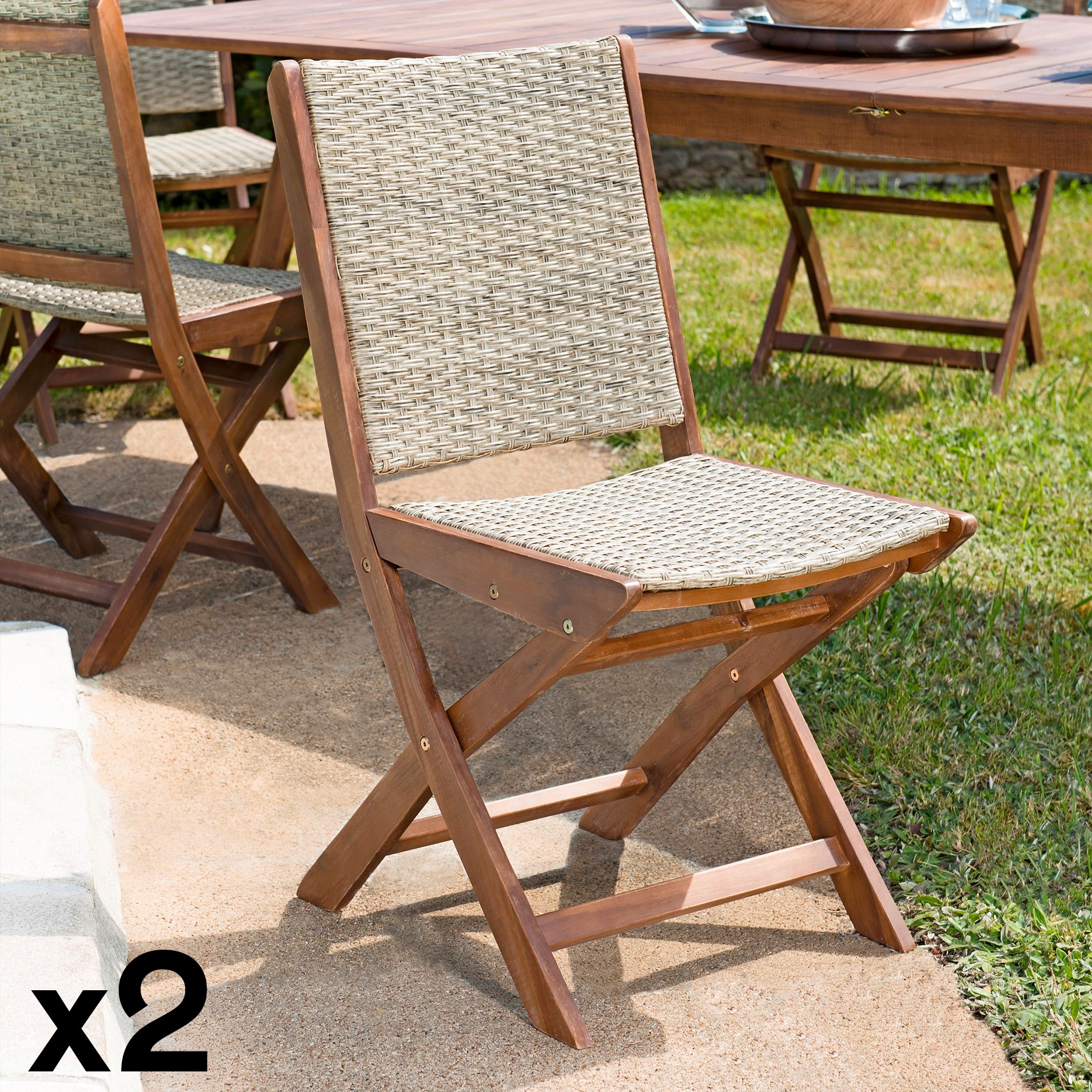 Chaise de jardin pliante bois d'acacia rotin synthétique SUMMER (lot de 2)